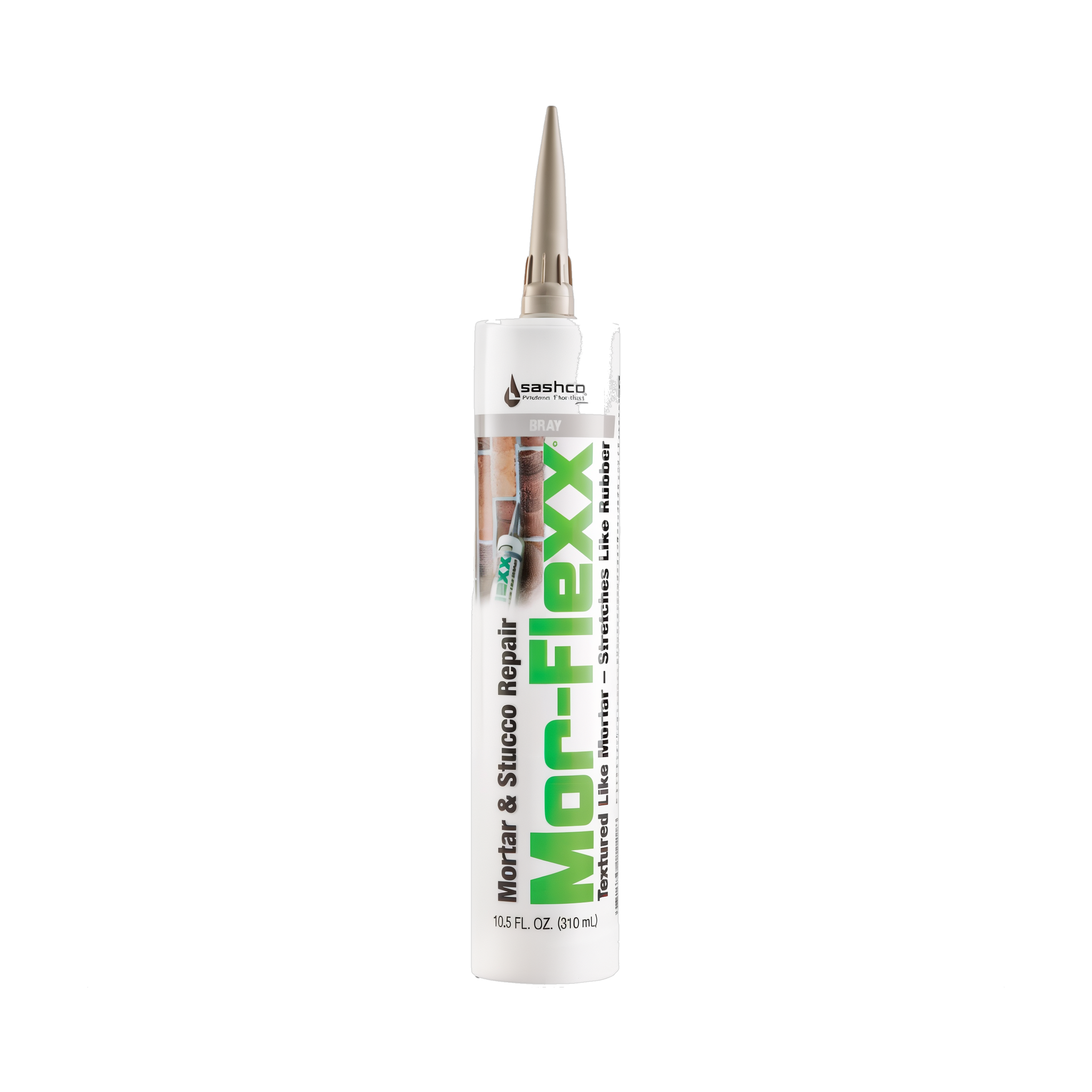 Sashco Mor-Flexx mortar and stucco repair sealant 10.5 oz cartridge on transparent background