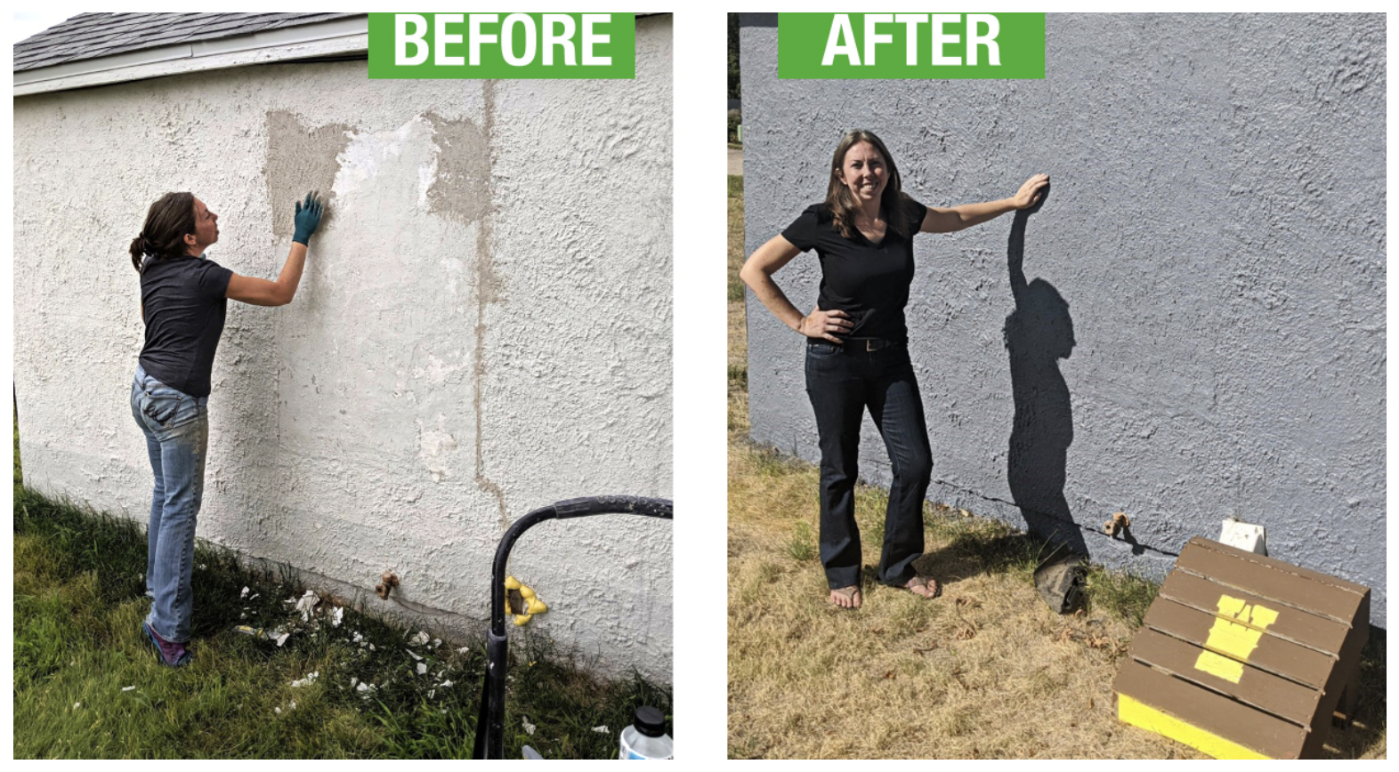 Before and after stucco crack repair using Sashco Mor-Flexx flexible sealant