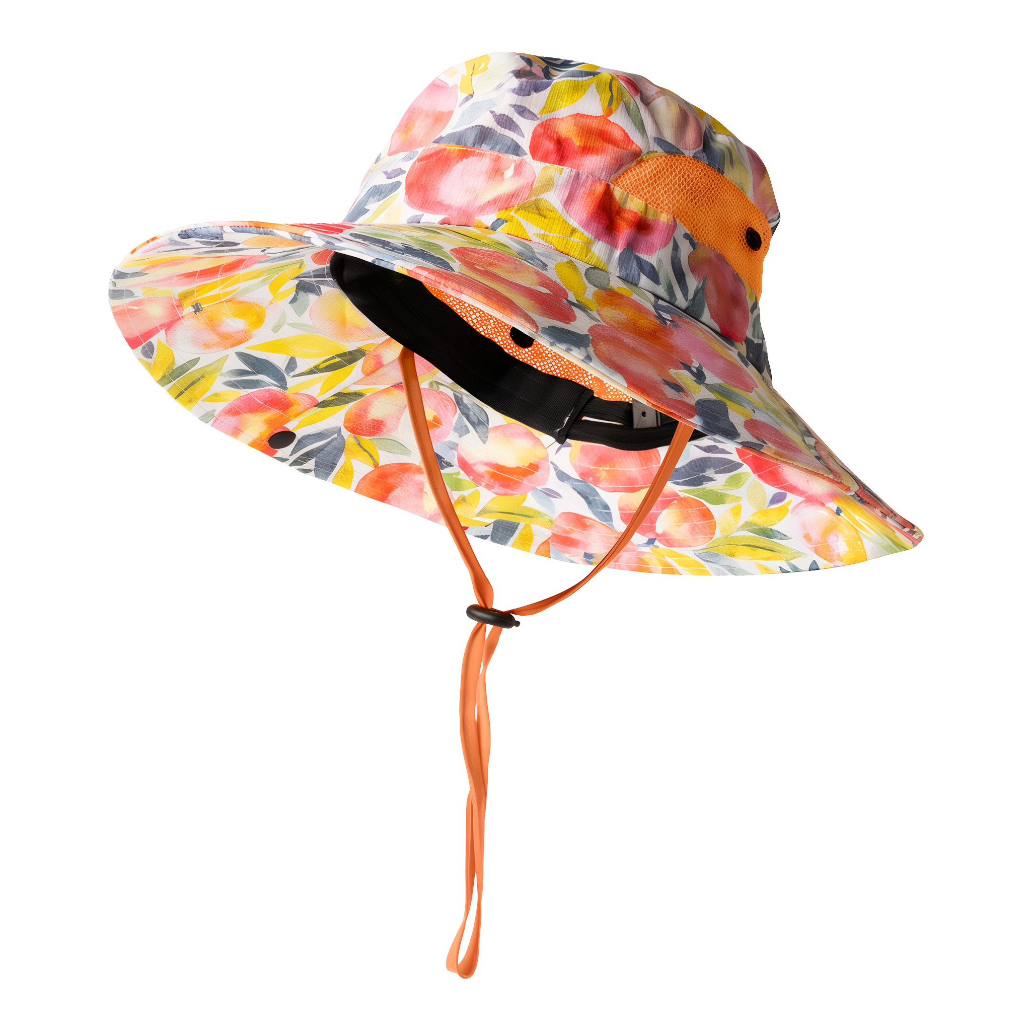 Seed & Sprout Foldable Gardening Hat in Southern Sweetness pattern — wide-brim sun hat with watercolor peaches and citrus print on cream, orange mesh accent band, adjustable orange chin strap, side snaps, back ponytail opening