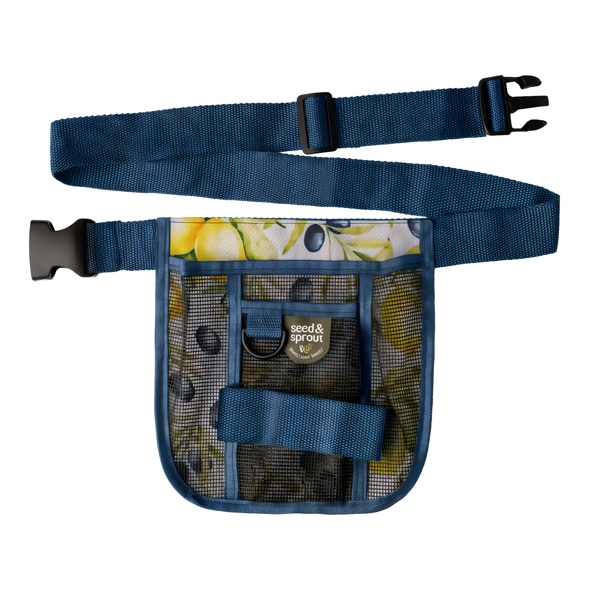 Seed & Sprout Green Thumb Gardening Tool Belt in Lemon Grove — navy blue nylon strap with adjustable quick-release buckle and printed lemon-on-branch mesh pouch, front utility loop and main mesh pocket