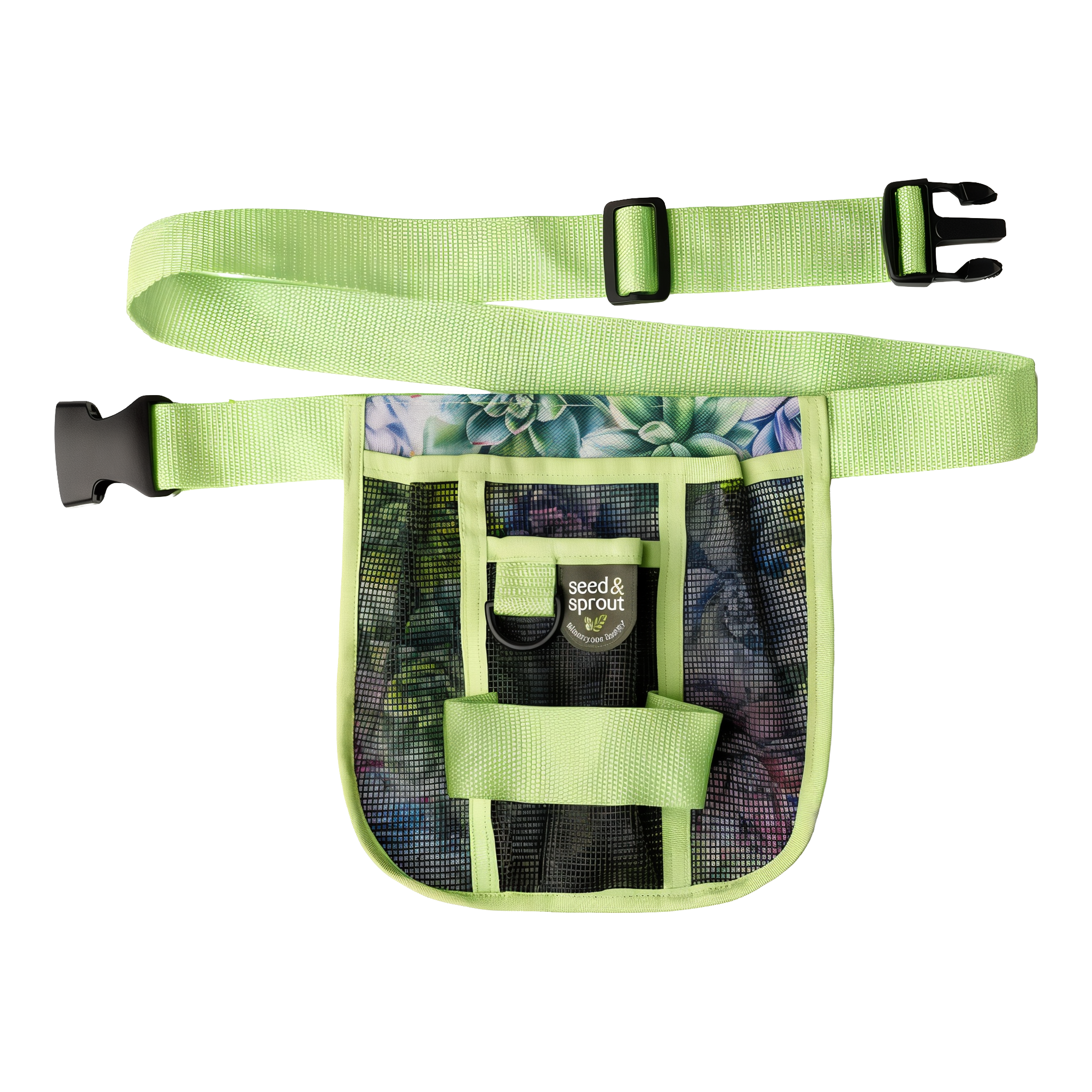 Seed & Sprout Green Thumb Gardening Tool Belt in Simply Succulent — lime green nylon strap with adjustable quick-release buckle and printed succulent floral mesh pouch, front utility loop and main mesh pocket #Simply Succulent