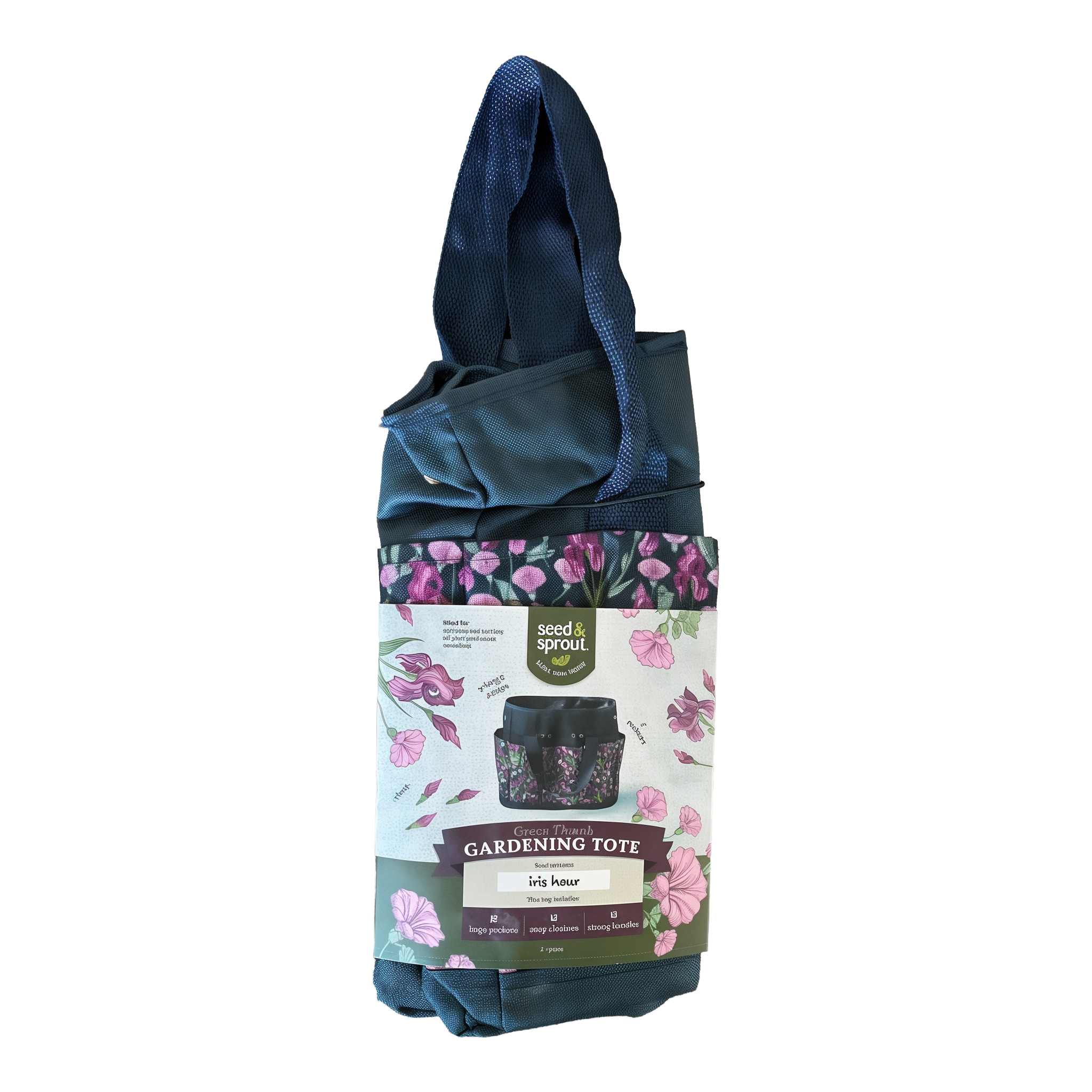 Seed & Sprout Green Thumb Gardening Tote in Iris Hour — XL 8-pocket gardening tote with dark navy fabric body, deep purple iris floral print on cream background, snap-closure handles, photographed flat with Seed & Sprout product banderole