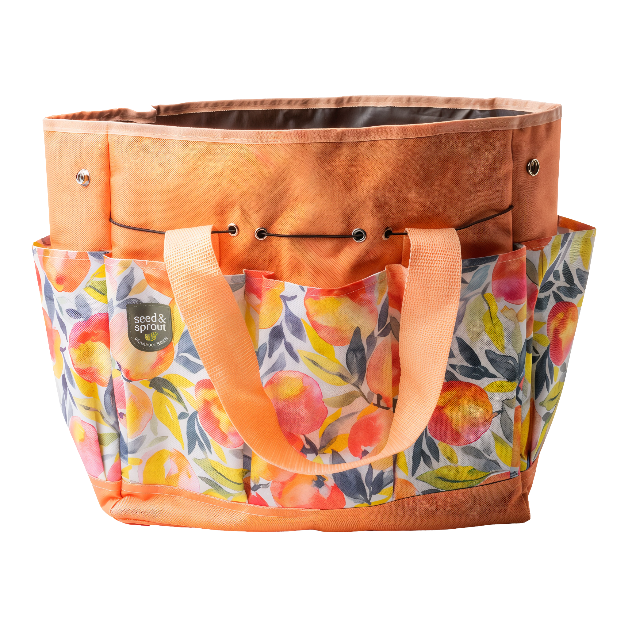 Seed & Sprout Green Thumb Gardening Tote in Moonlight Rose — XL 8-pocket gardening tote, soft orange rim and straps with peach and apricot watercolor floral print, snap-closure handles, front grommet eyelets