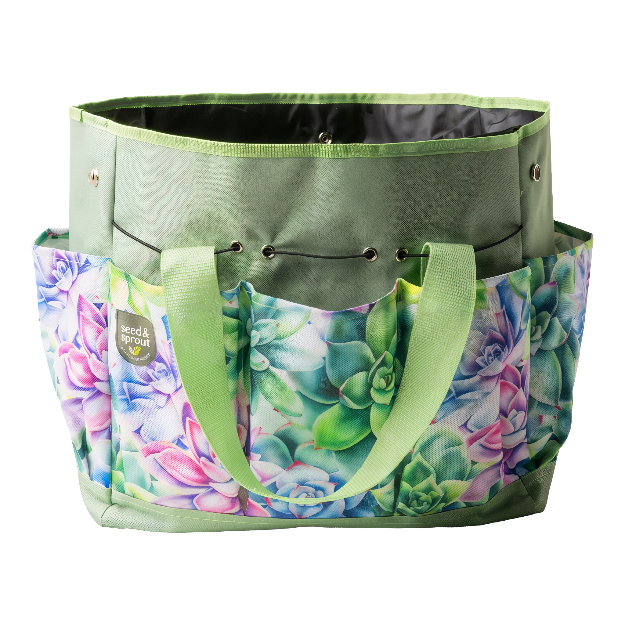 Seed & Sprout Green Thumb Gardening Tote in Sweet Basil — XL 8-pocket gardening tote, sage green rim and straps with watercolor succulent / herb leaf print, snap-closure handles, front grommet eyelets