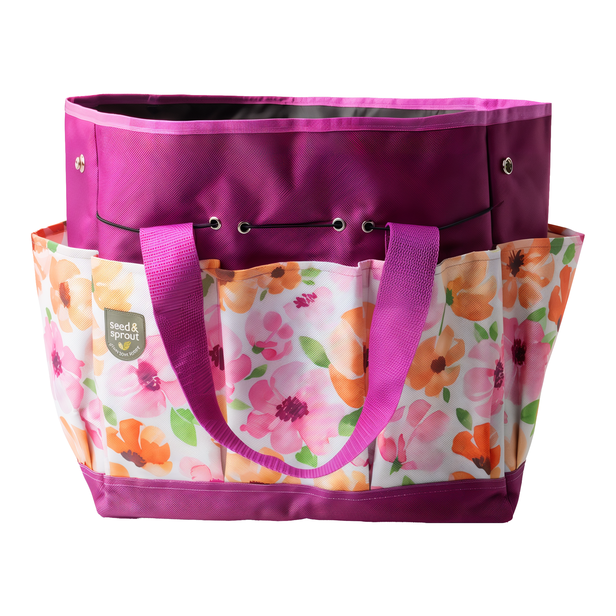 Seed & Sprout Green Thumb Gardening Tote in Wildflower — XL 8-pocket gardening tote, magenta rim and straps with pink and coral floral mesh print, snap-closure handles, front grommet eyelets