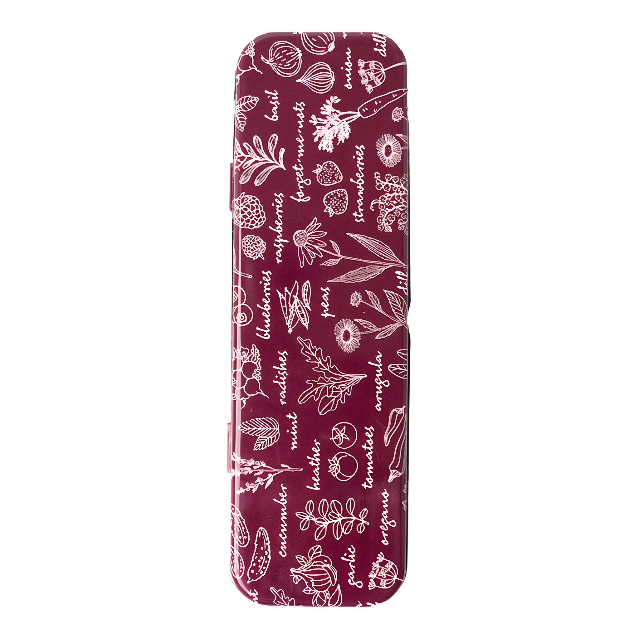 Seed & Sprout Green Thumb Labeling Set in August Bloom — deep wine maroon decorative tin with white botanical line-art pattern of herbs vegetables and berries, contains 12 wooden plant stakes and 3 colored pencils