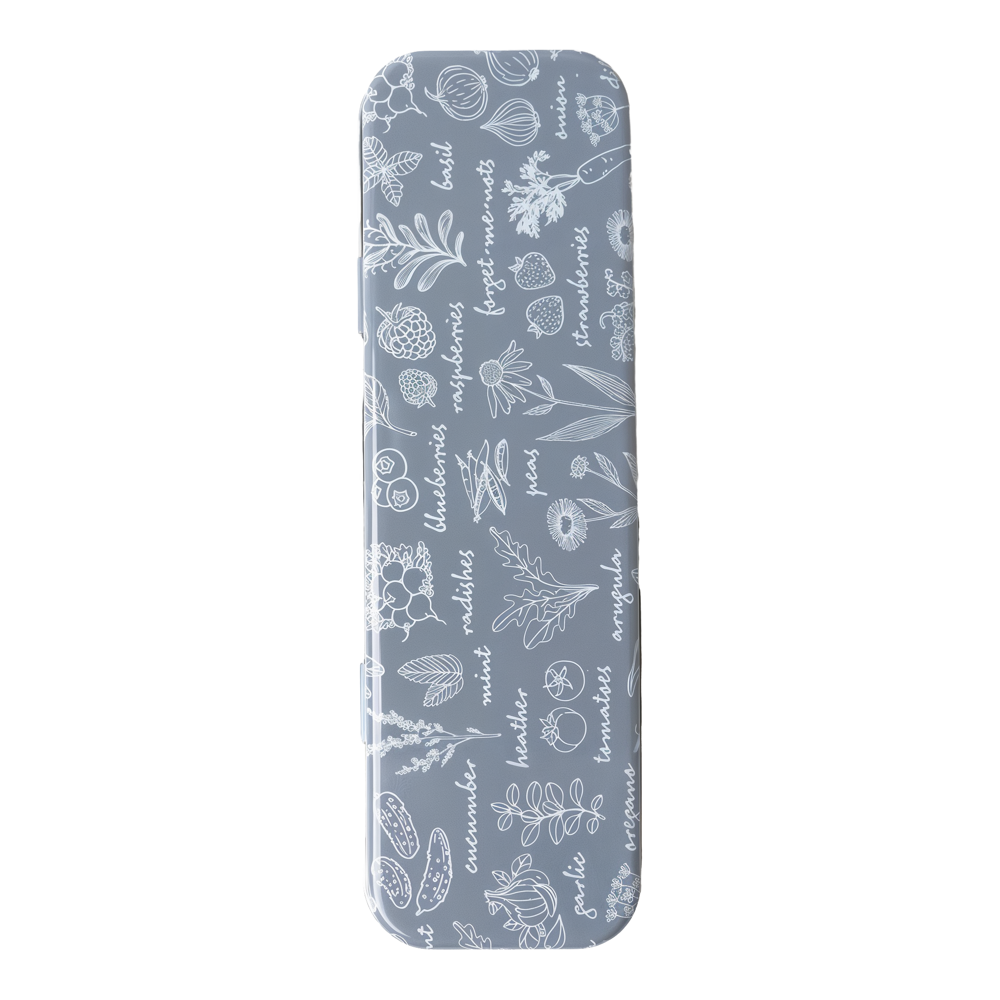 Seed & Sprout Green Thumb Labeling Set in Lemon Grove — gray-blue decorative tin with white botanical line-art pattern of herbs vegetables and berries, contains 12 wooden plant stakes and 3 colored pencils