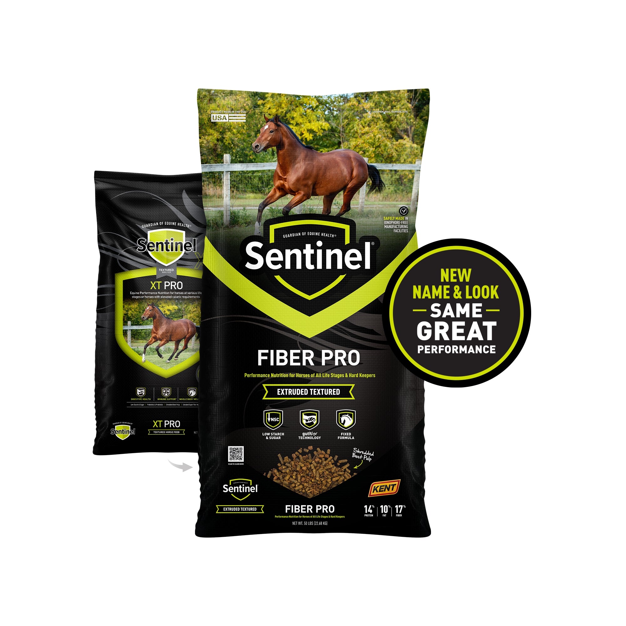Sentinel Fiber Pro Extruded Textured Horse Feed, 50 lb bag, front view with XT Pro legacy branding