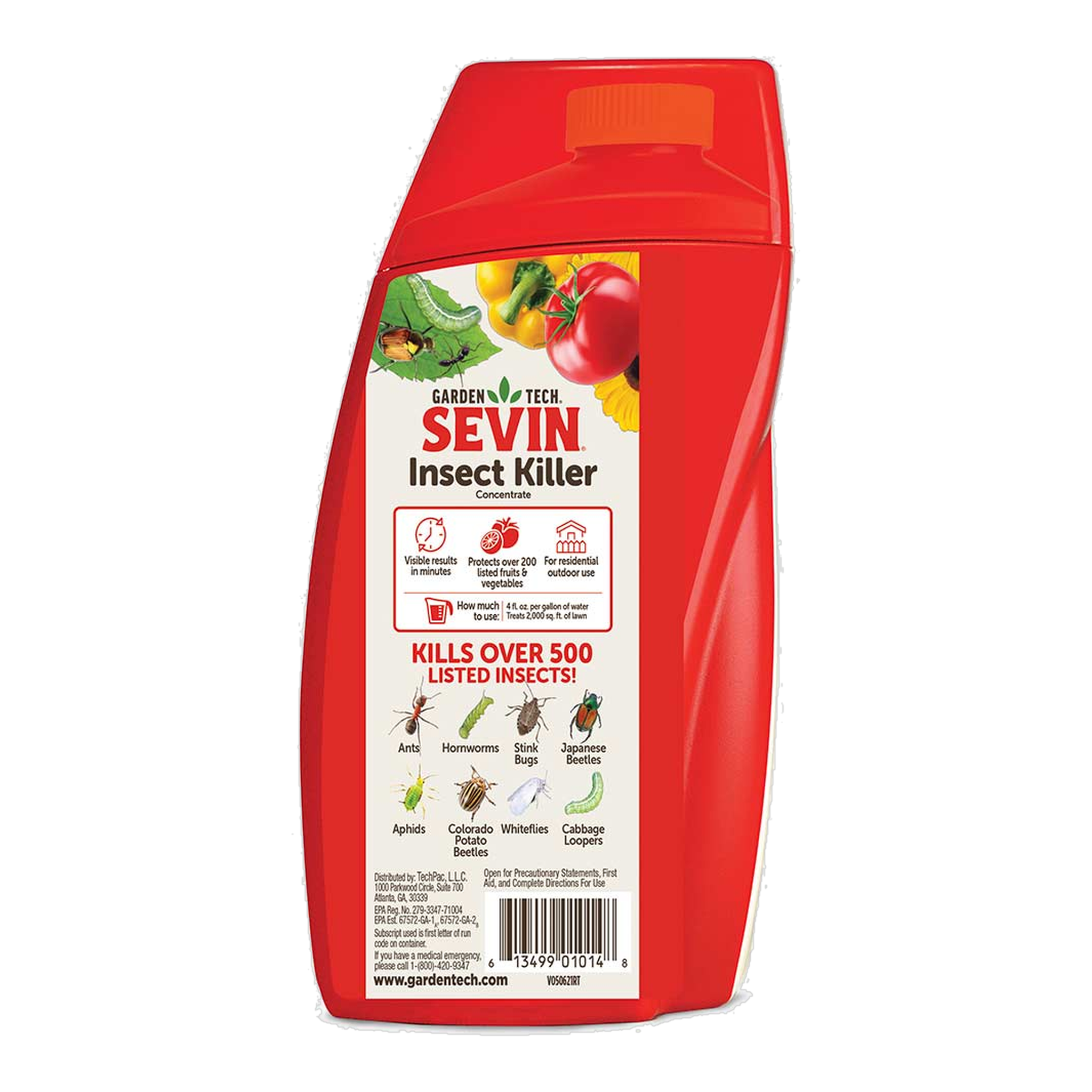 Back label of Sevin Insect Killer Concentrate 16 oz listing directions and pests controlled