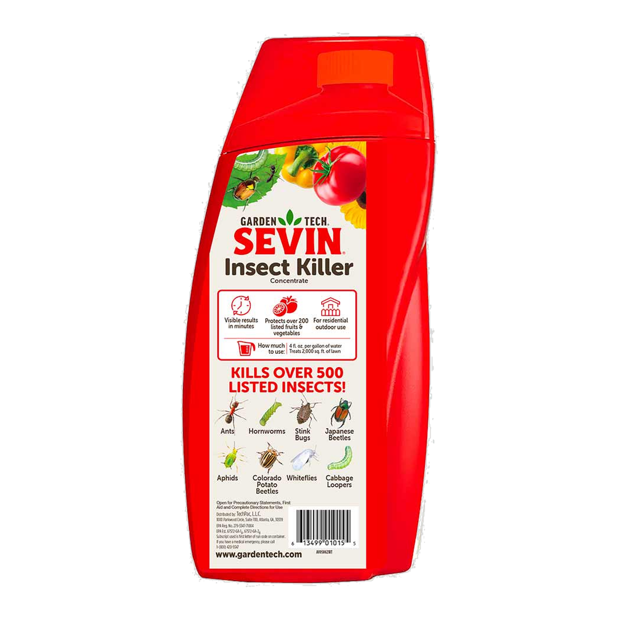 Back label of Sevin Insect Killer Concentrate 32 oz listing directions and pests controlled