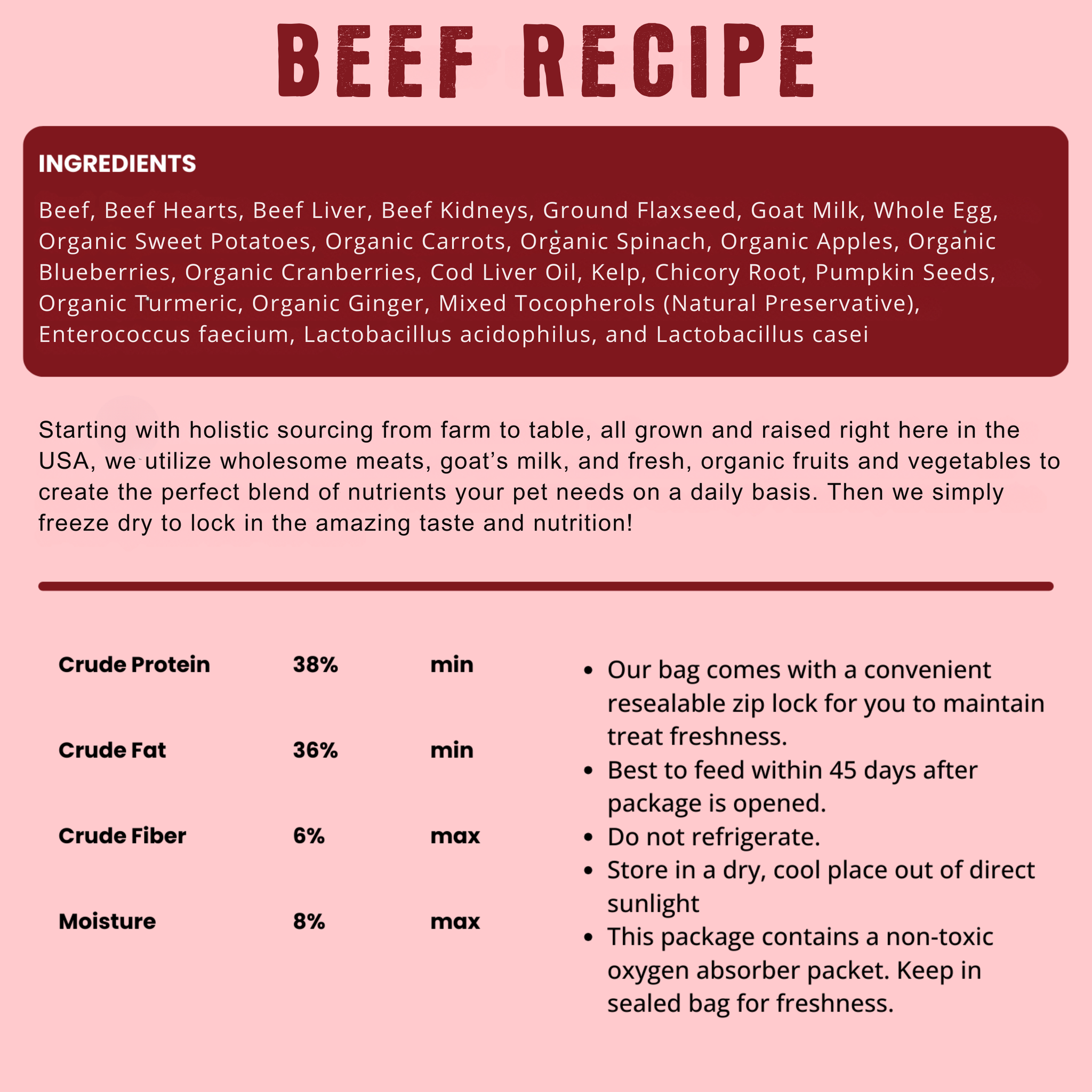 Beef Recipe ingredients list, guaranteed analysis, and storage tips