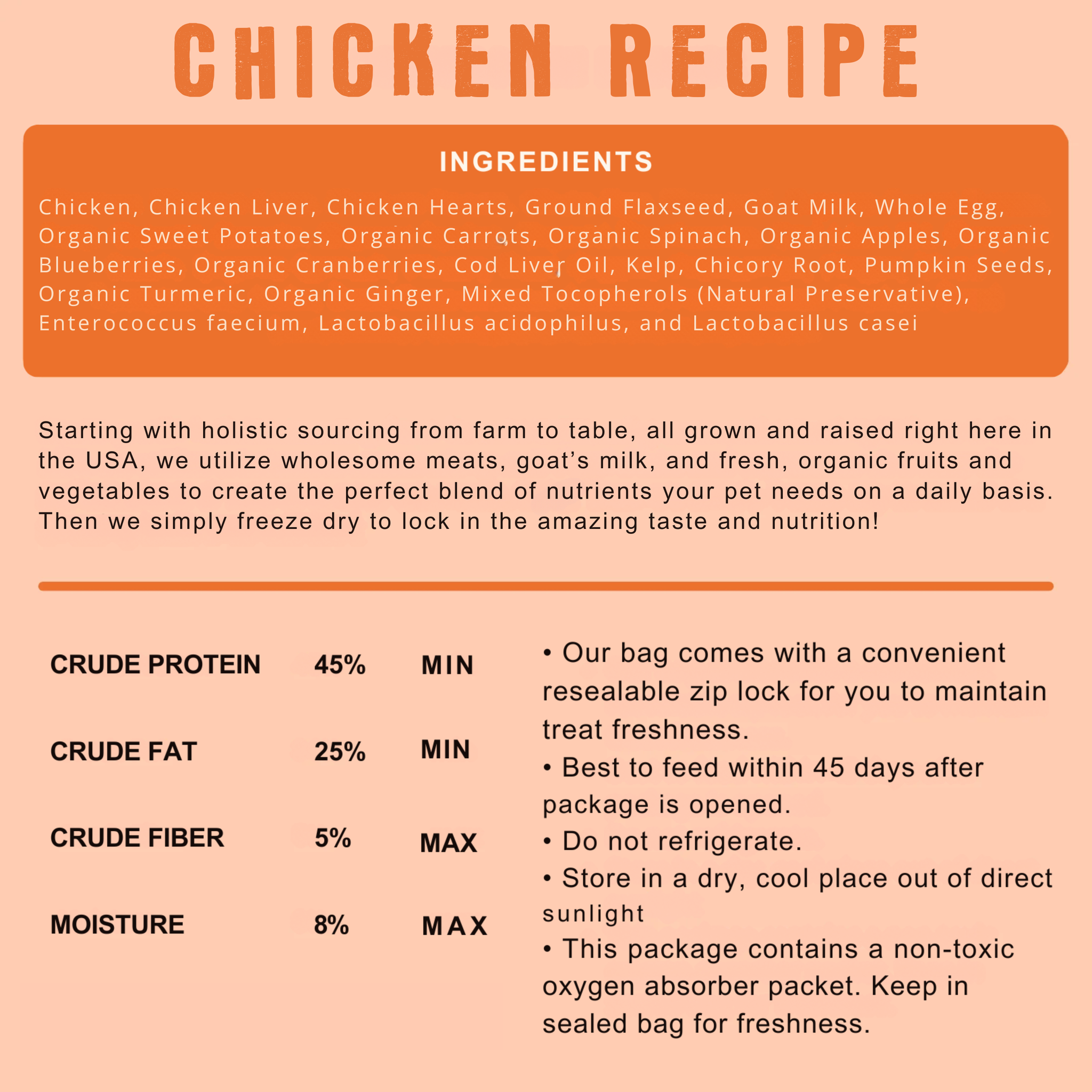 Chicken Recipe ingredients list, guaranteed analysis, and storage tips