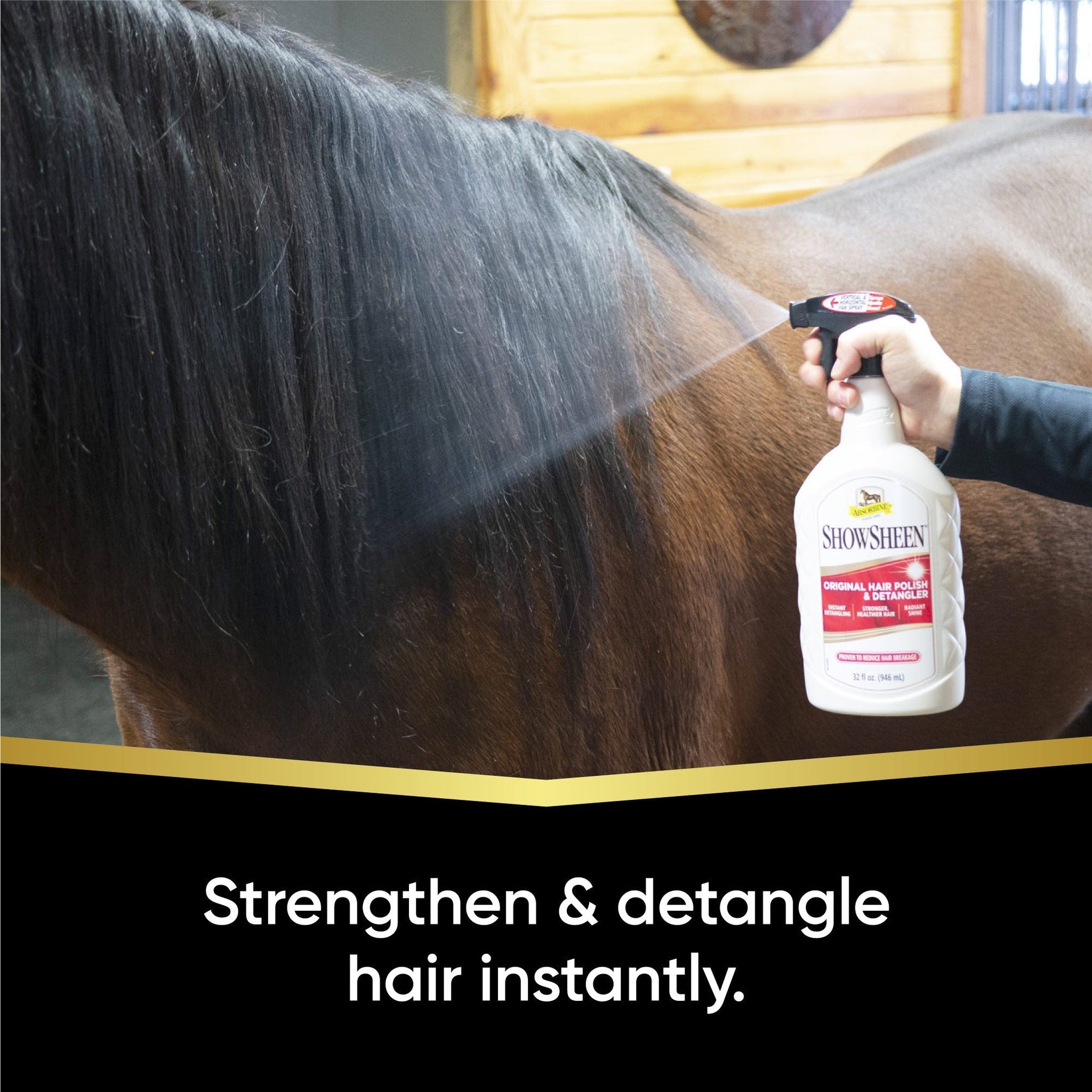 ShowSheen original hair polish and detangler, sprayed on a horse coat