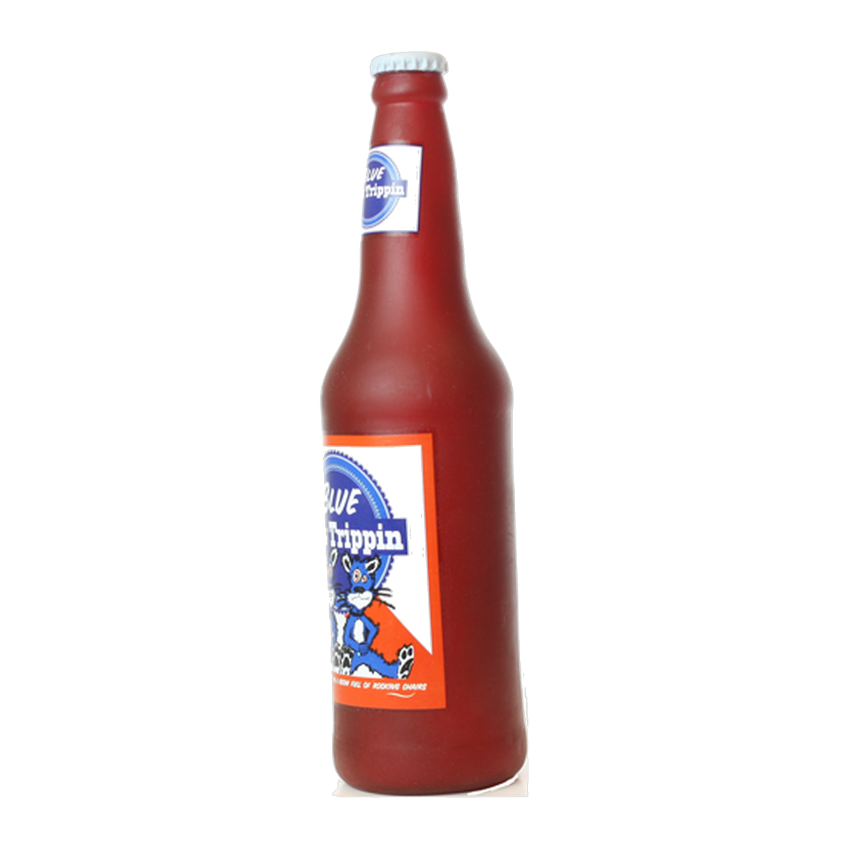 Silly Squeaker Beer Bottle Blue Cat Trippin Dog Toy angled view