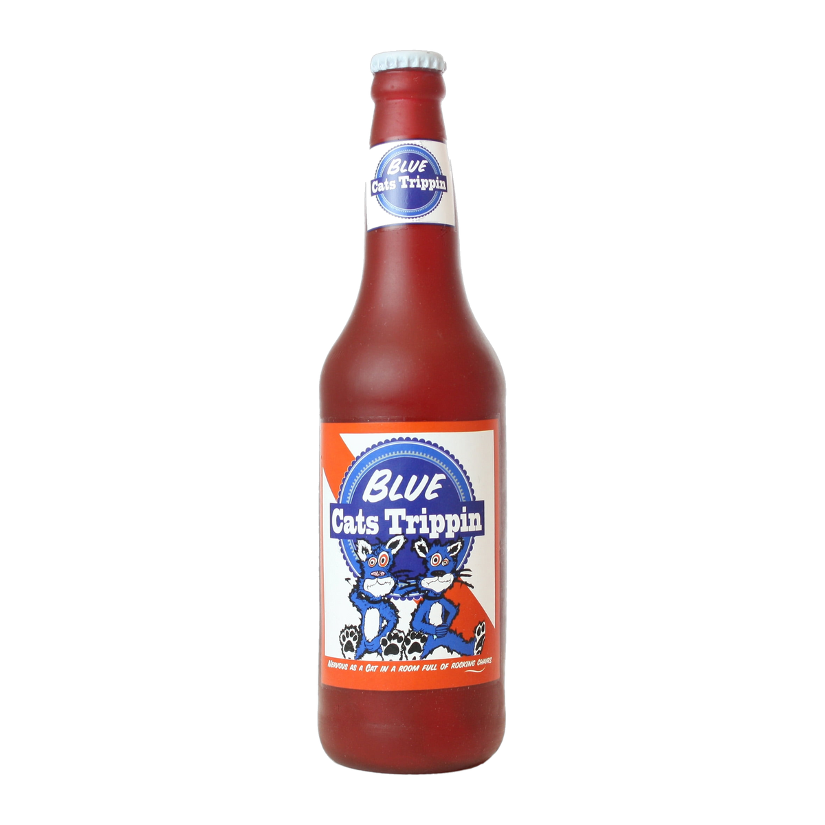 Silly Squeaker Beer Bottle Blue Cat Trippin Dog Toy front view