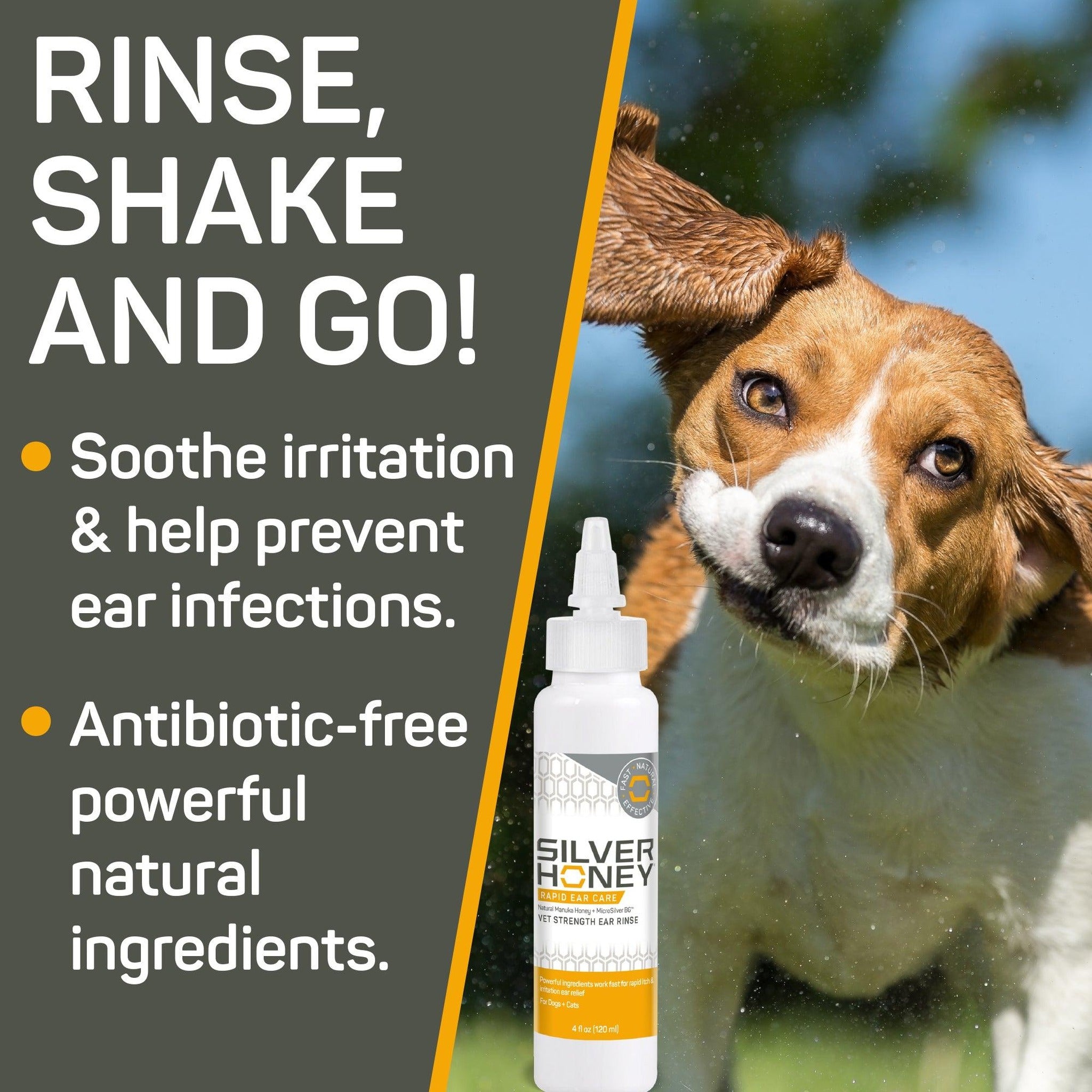 Silver Honey vet strength ear rinse, rinse, shake and go to soothe irritation
