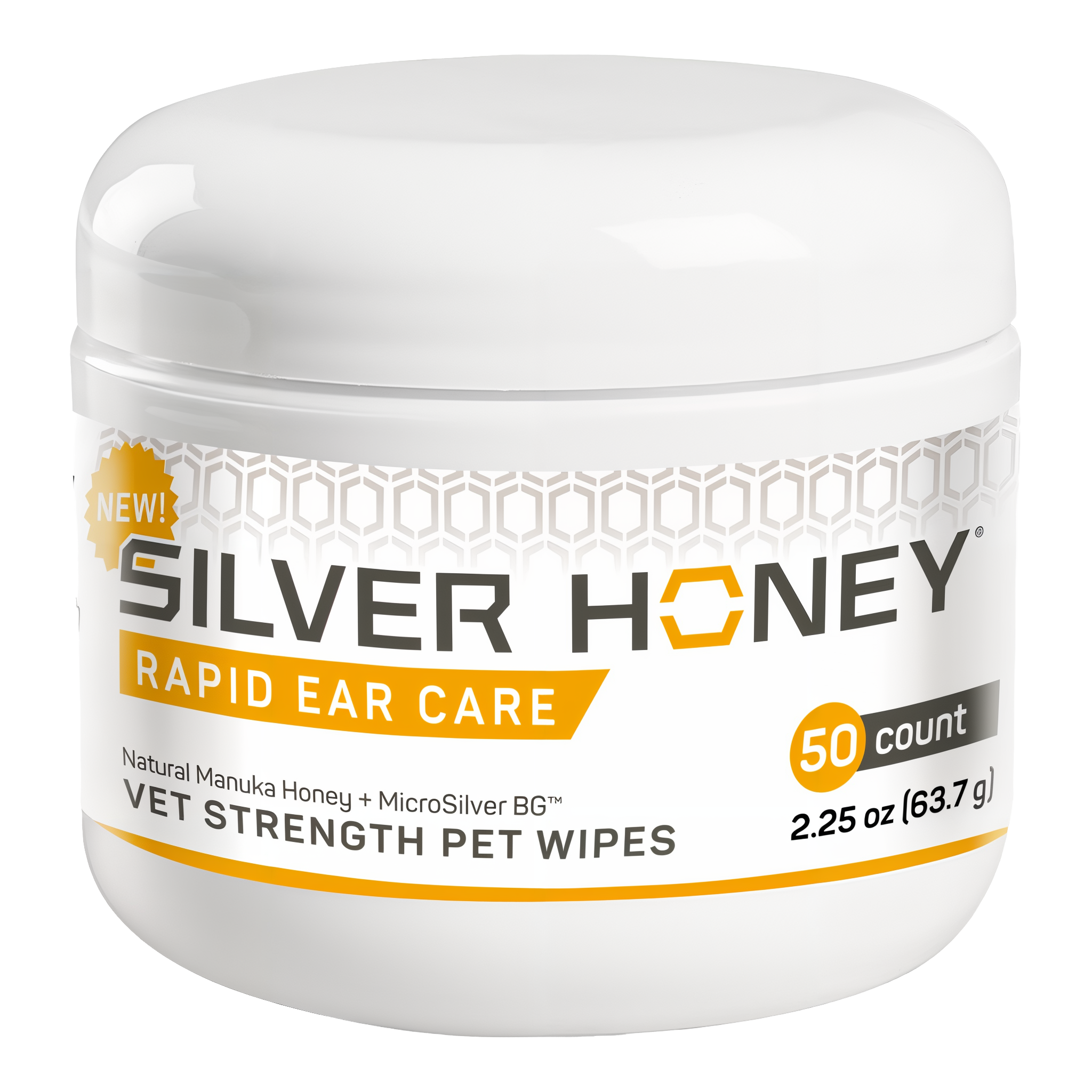 Silver Honey vet strength pet ear wipes, 50 count jar front