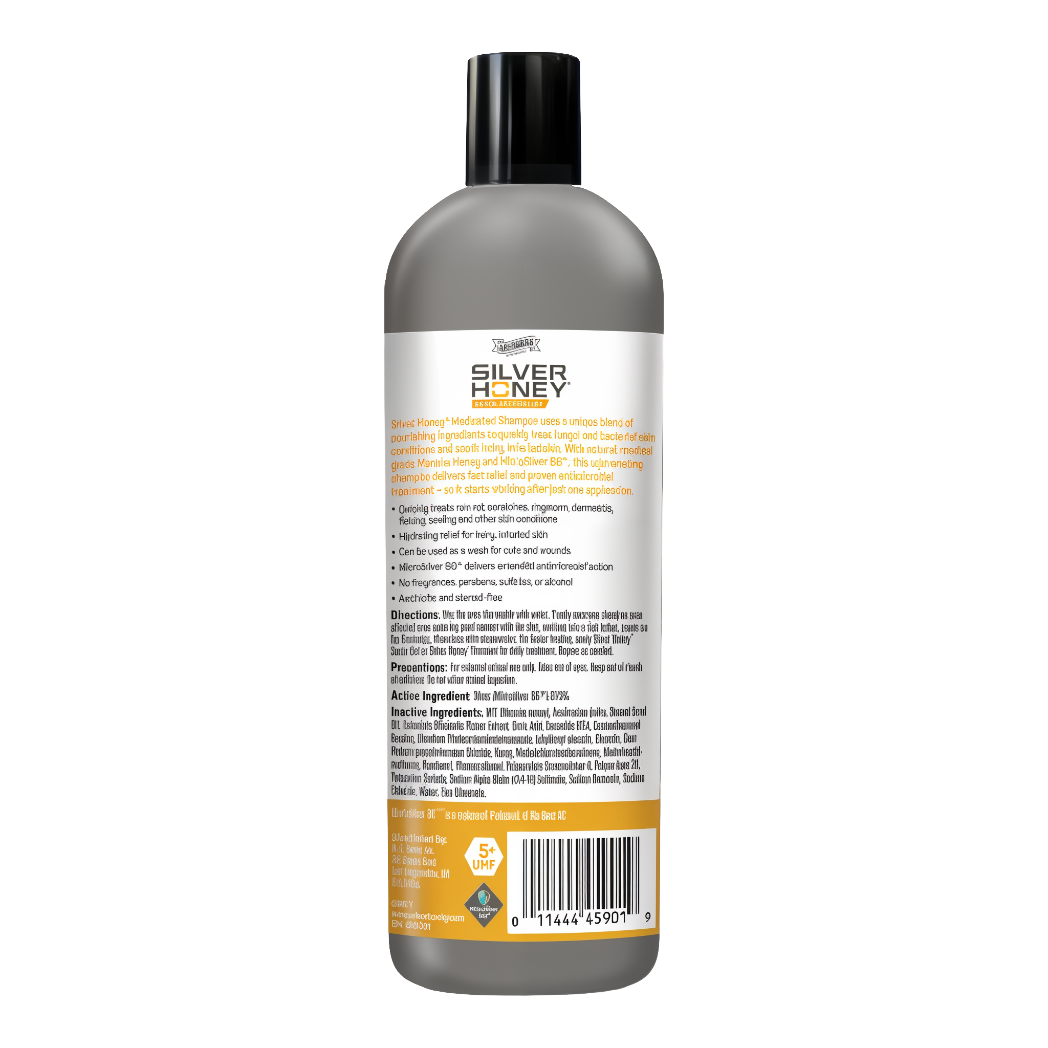 Silver Honey rapid skin relief medicated shampoo, bottle back