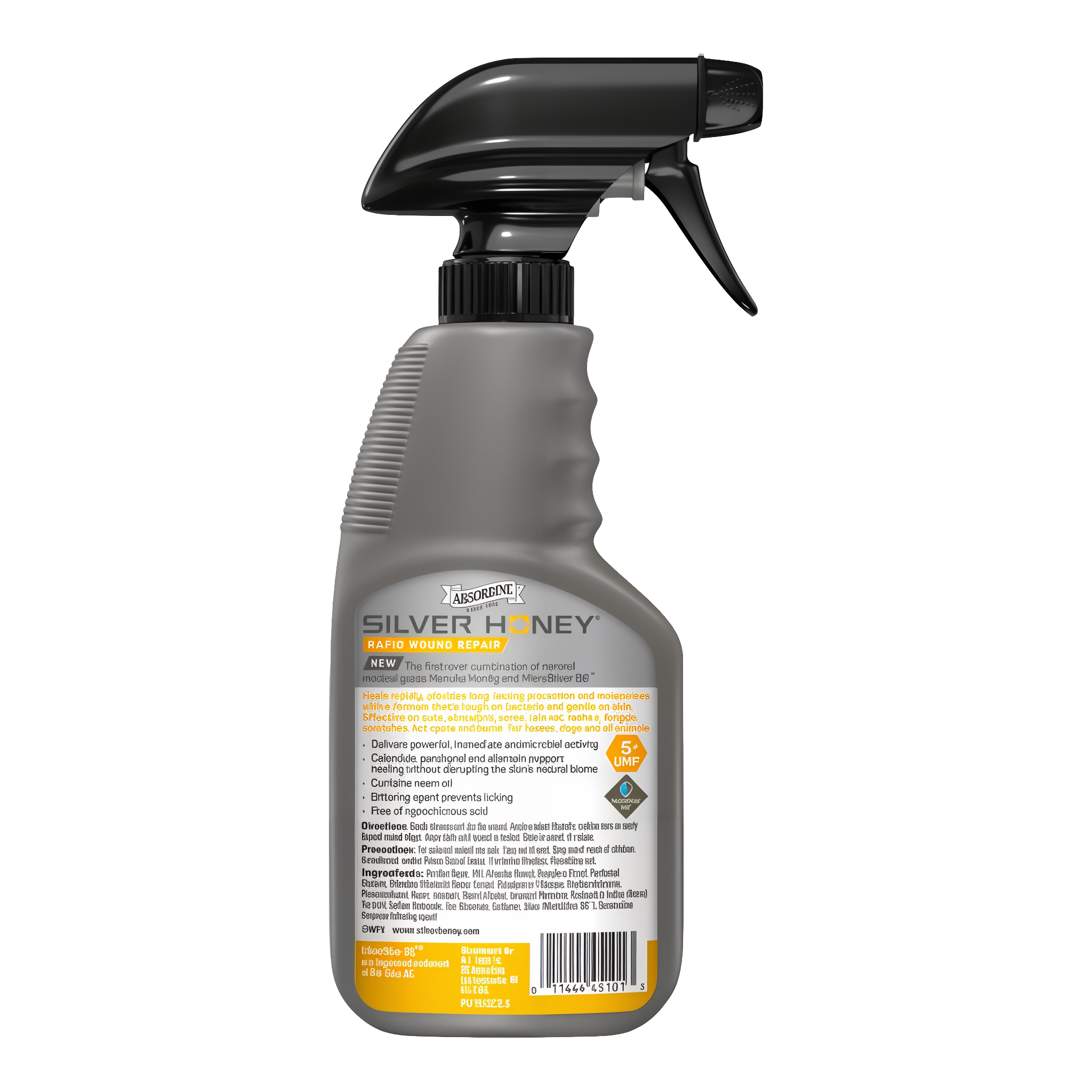 Silver Honey Rapid Wound Repair spray gel bottle back with directions