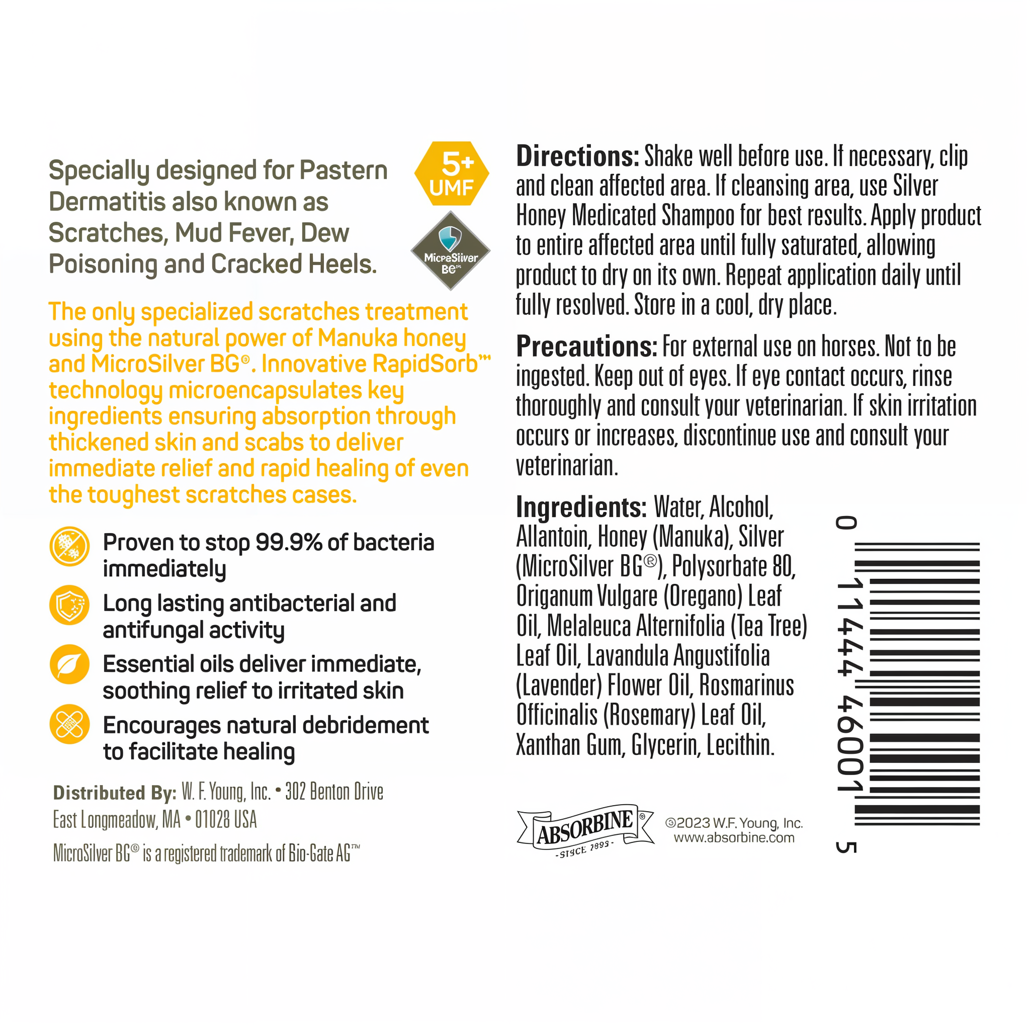 Silver Honey vet strength scratches spray, label with directions
