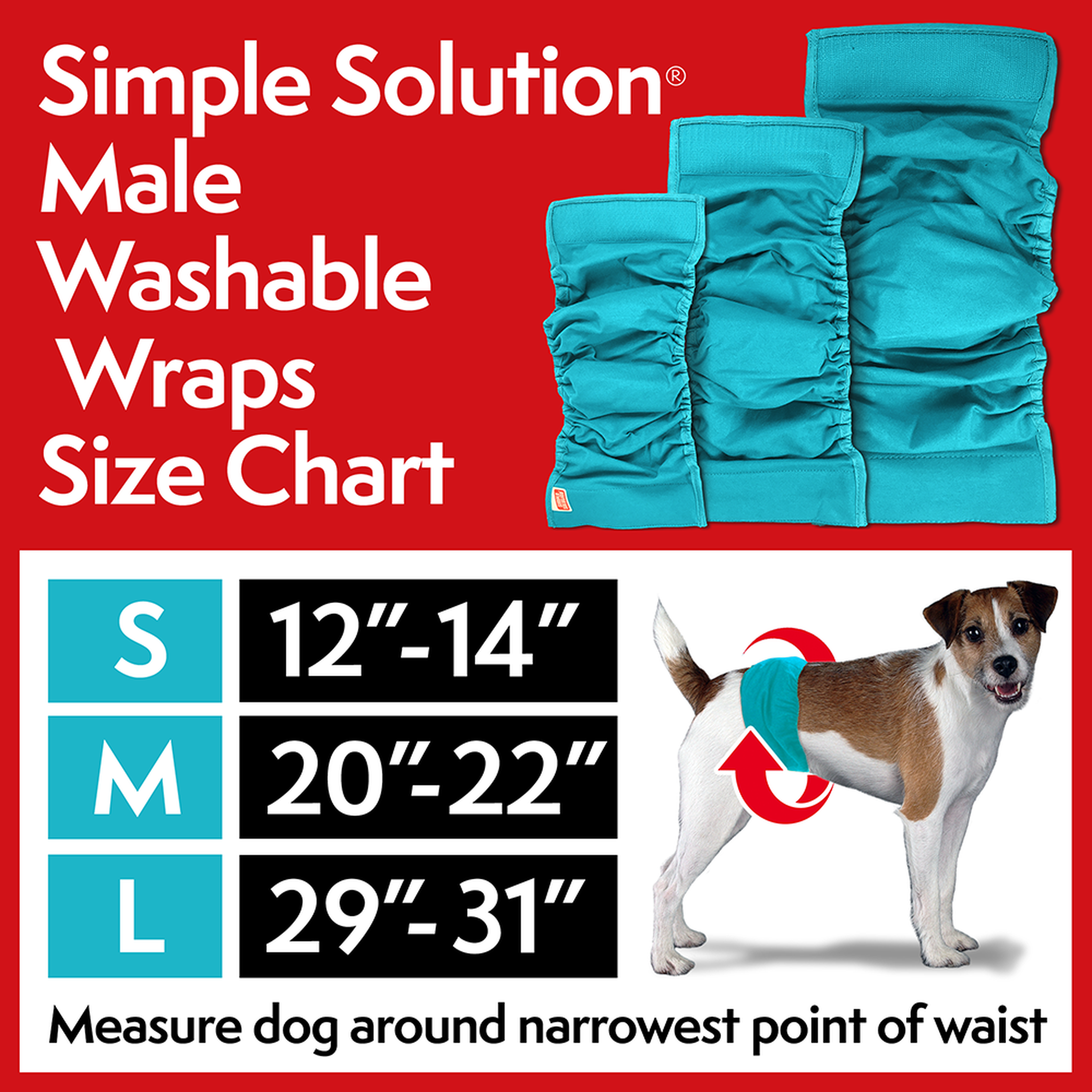 Simple Solution Washable Male Wrap size chart: Small 12-14 in, Medium 20-22 in, Large 29-31 in waist