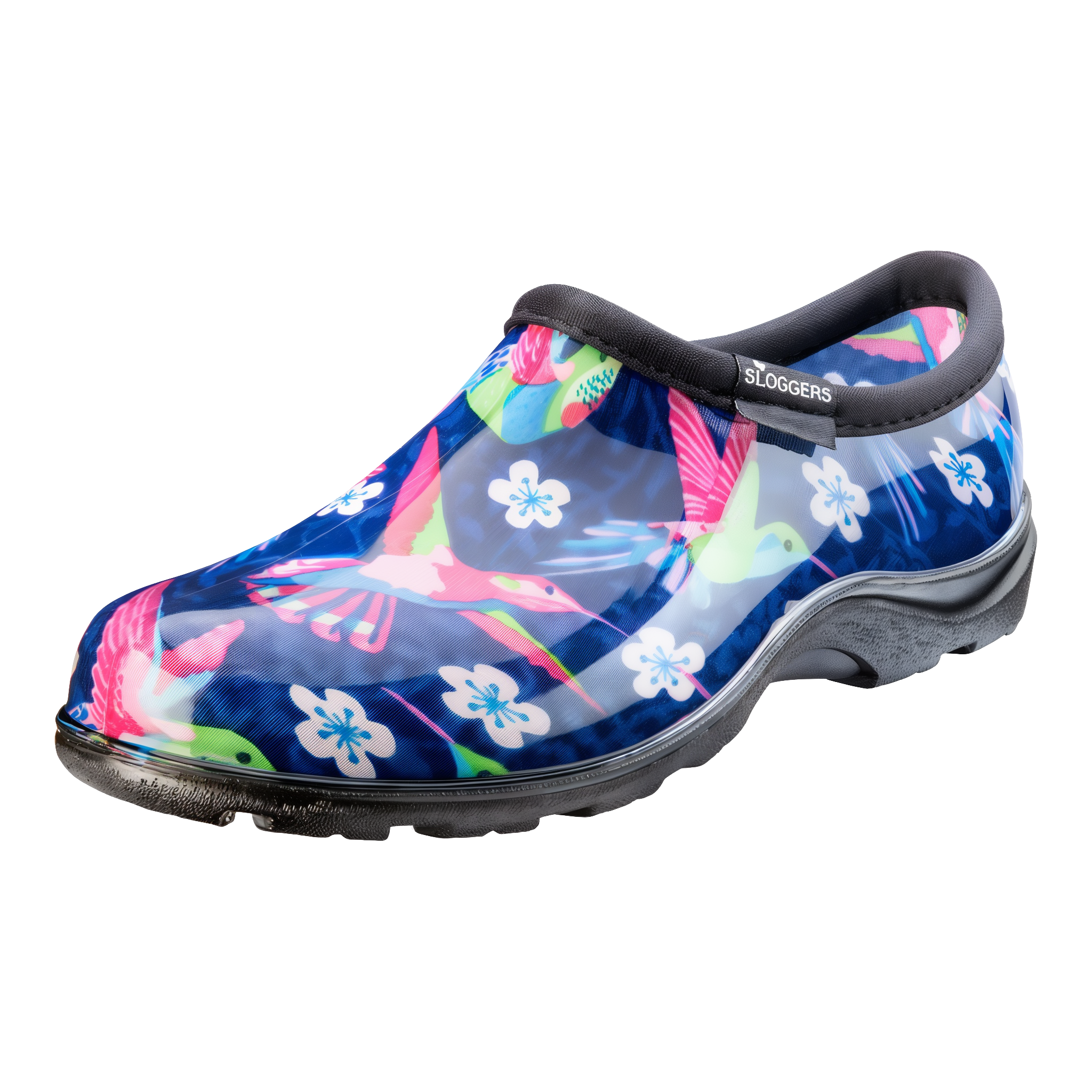 Sloggers Women's Original Garden Shoe in Hummingbird Blue-Pink, waterproof slip-on with pink hummingbird print on a soft blue ground