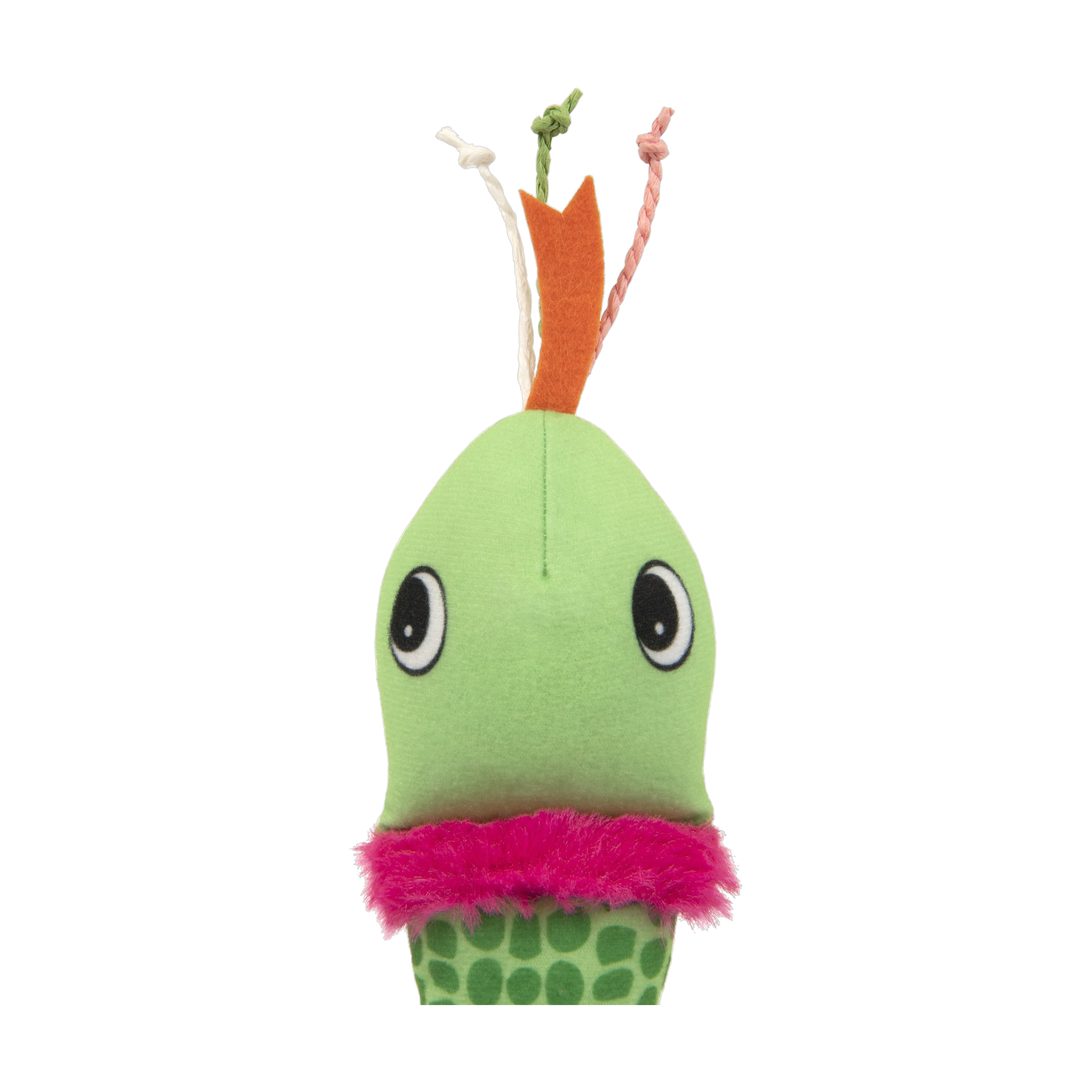 Close view of the SmartyKat Crinkle Creeper snake head with felt tongue and pink fluff collar