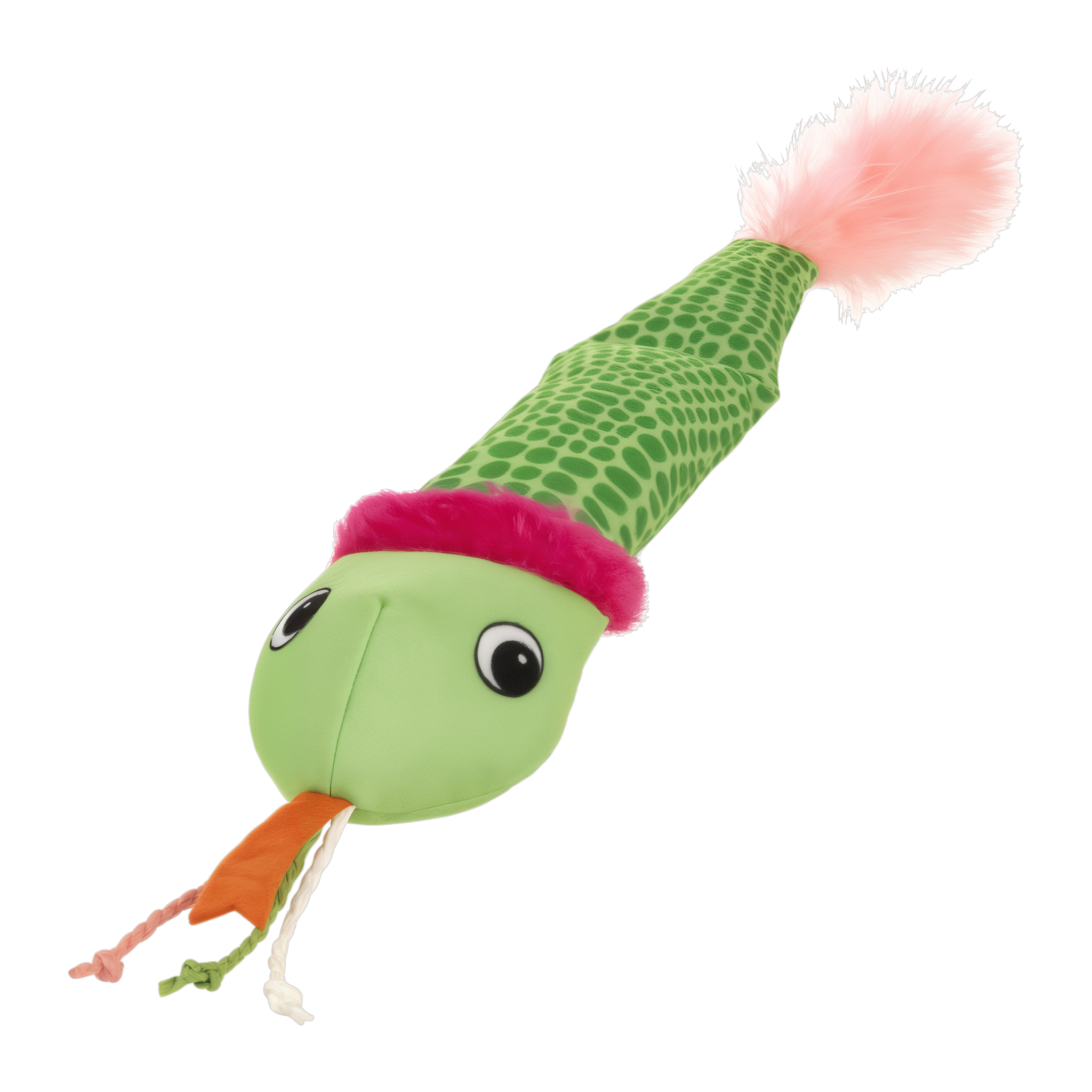 Angled view of the SmartyKat Crinkle Creeper snake showing scale print, felt tongue, and feather tail