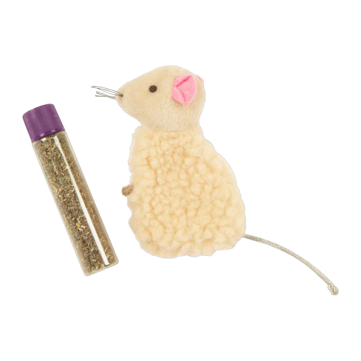 SmartyKat Madcap Mania plush mouse beside its included tube of pure and potent catnip