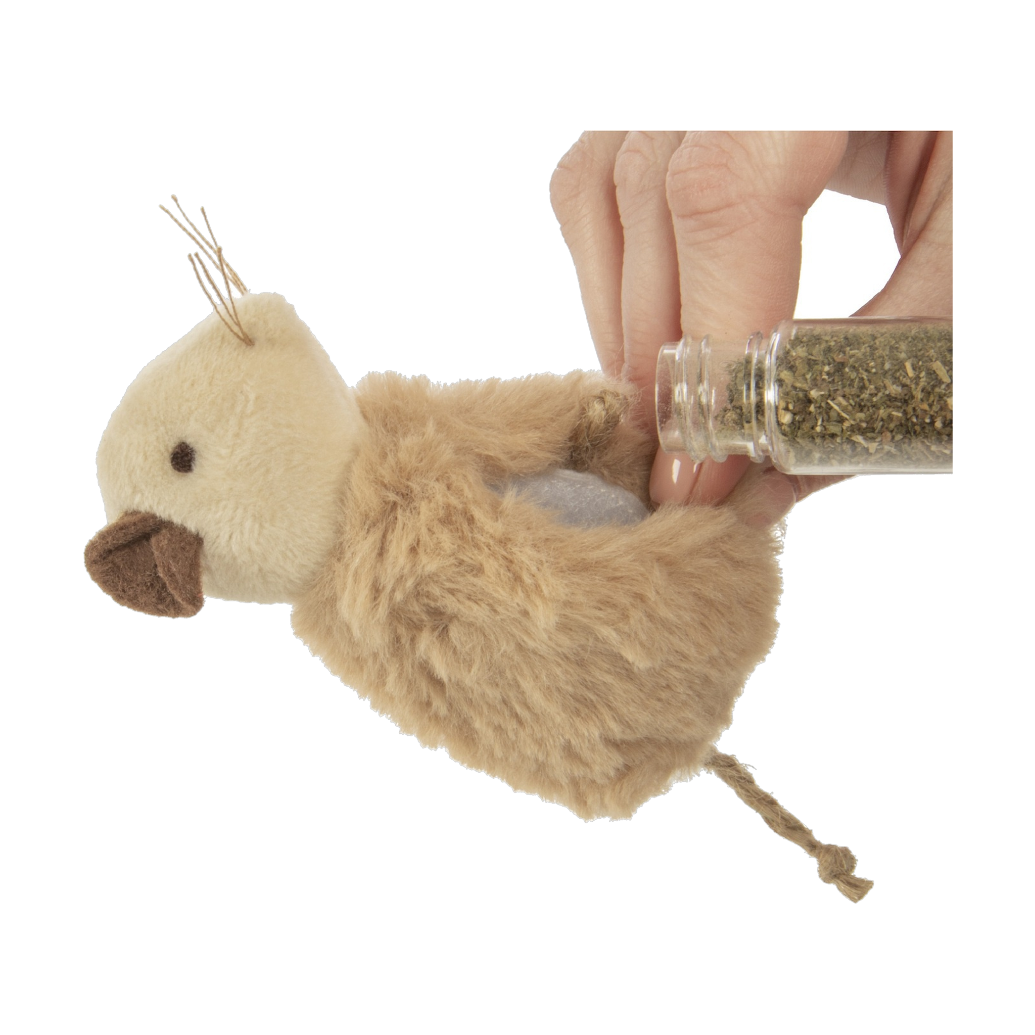 Refilling the SmartyKat Madcap Mania mouse with catnip from the dispensing tube
