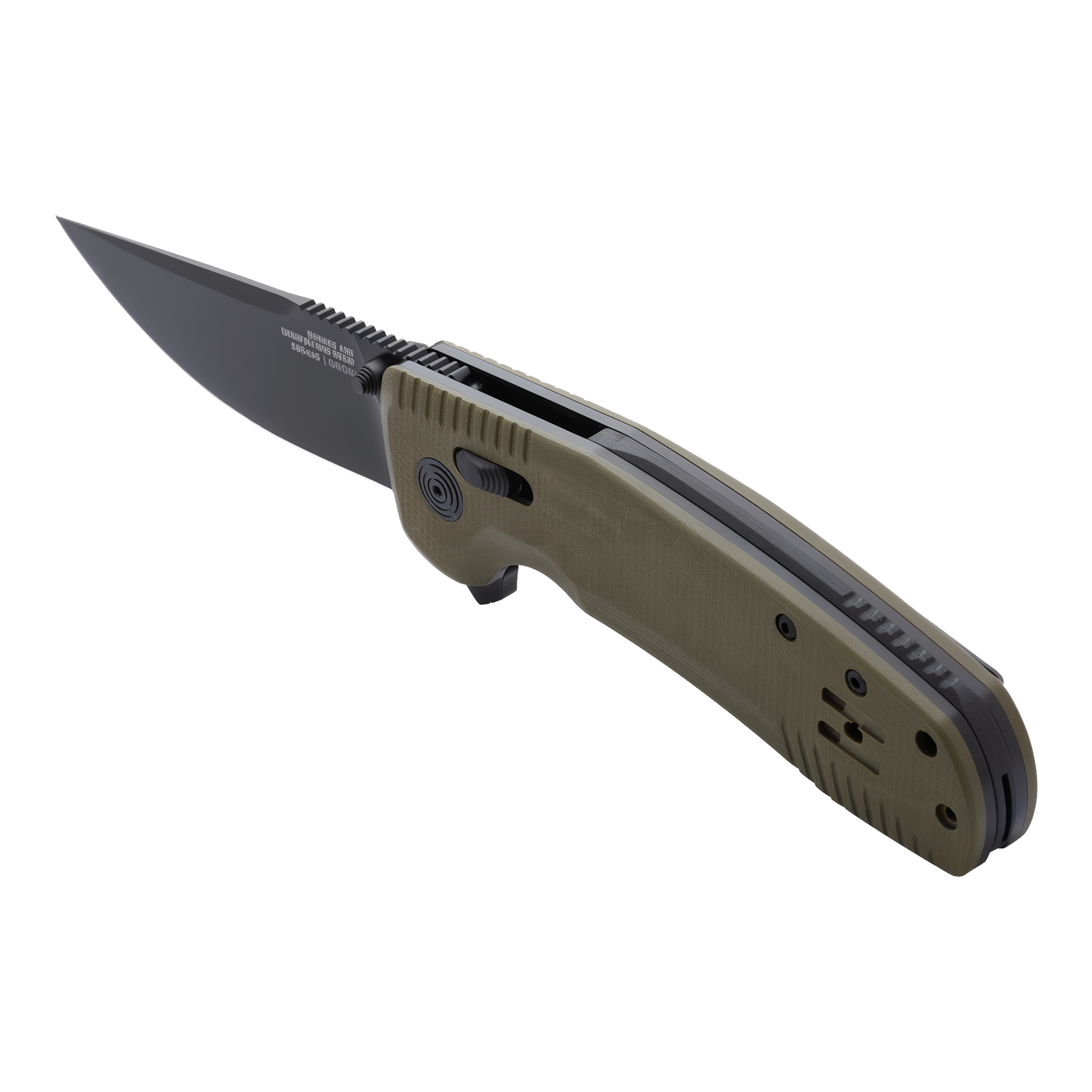 SOG-TAC XR OD Green folding knife open three-quarter rear view showing XR Lock release, flipper, and Studies and Observations Group blade engraving