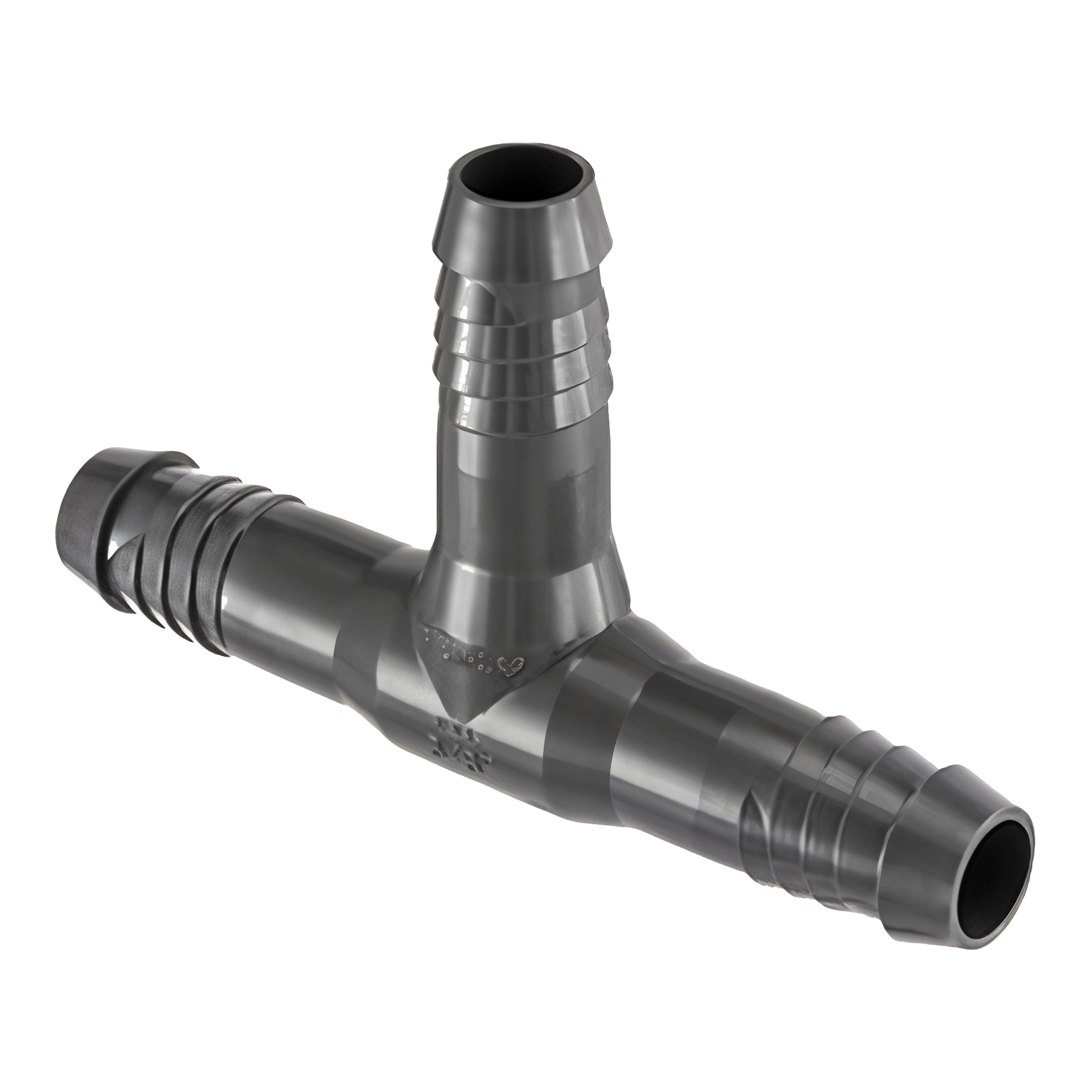 Spears 1401-010 1 inch PVC insert tee with three barbed insert ends showing molded retention ribs on all three ports, dark-grey UV-stable PVC body with embossed SPEARS USA 1 inch marking at the branch junction