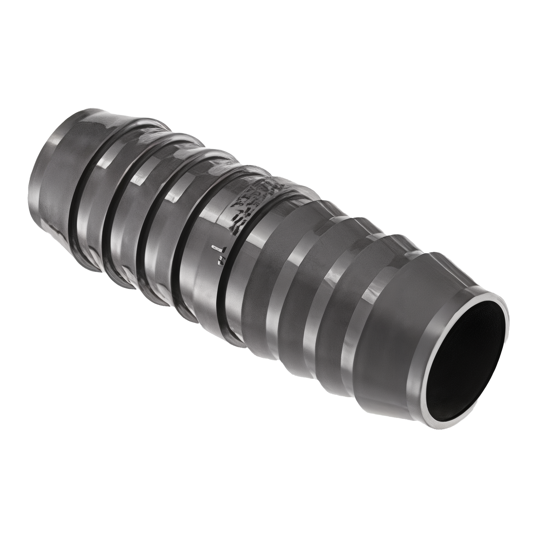 Spears 1429-010 1 inch PVC insert coupling with barbed insert ends on both sides showing molded retention ribs and embossed SPEARS USA 1 inch marking, dark-grey UV-stable PVC body