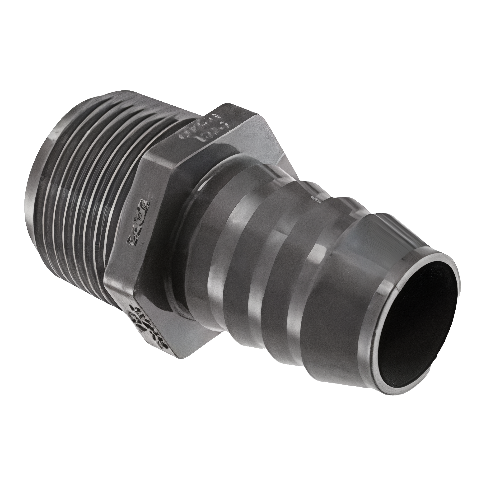 Spears 1436-010 1 inch PVC male insert adapter with male NPT thread end on one side and barbed insert end on the other showing retention ribs and a molded hex wrench-flat collar at the body, dark-grey UV-stable PVC with embossed USA marking