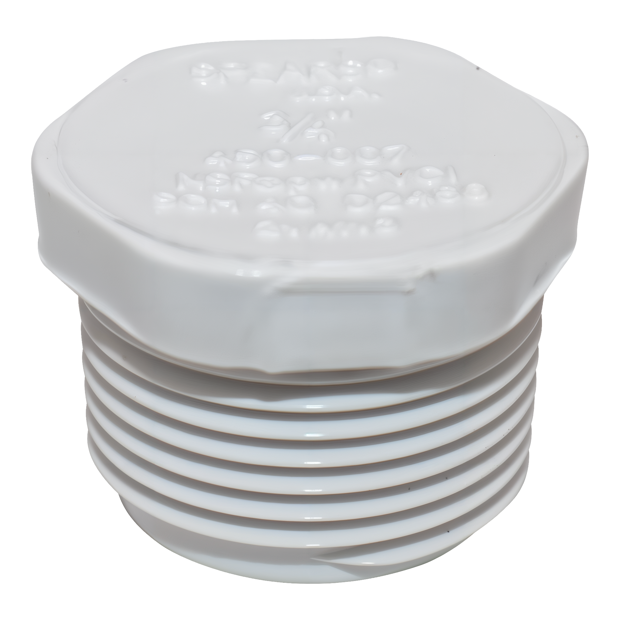 Spears 450-007 3/4 inch PVC threaded plug with male NPT threads on the lower body and hex/square wrench head on top, embossed SPEARS USA 3/4 inch 450-007 NSF-pw molding marks, schedule 40 white body