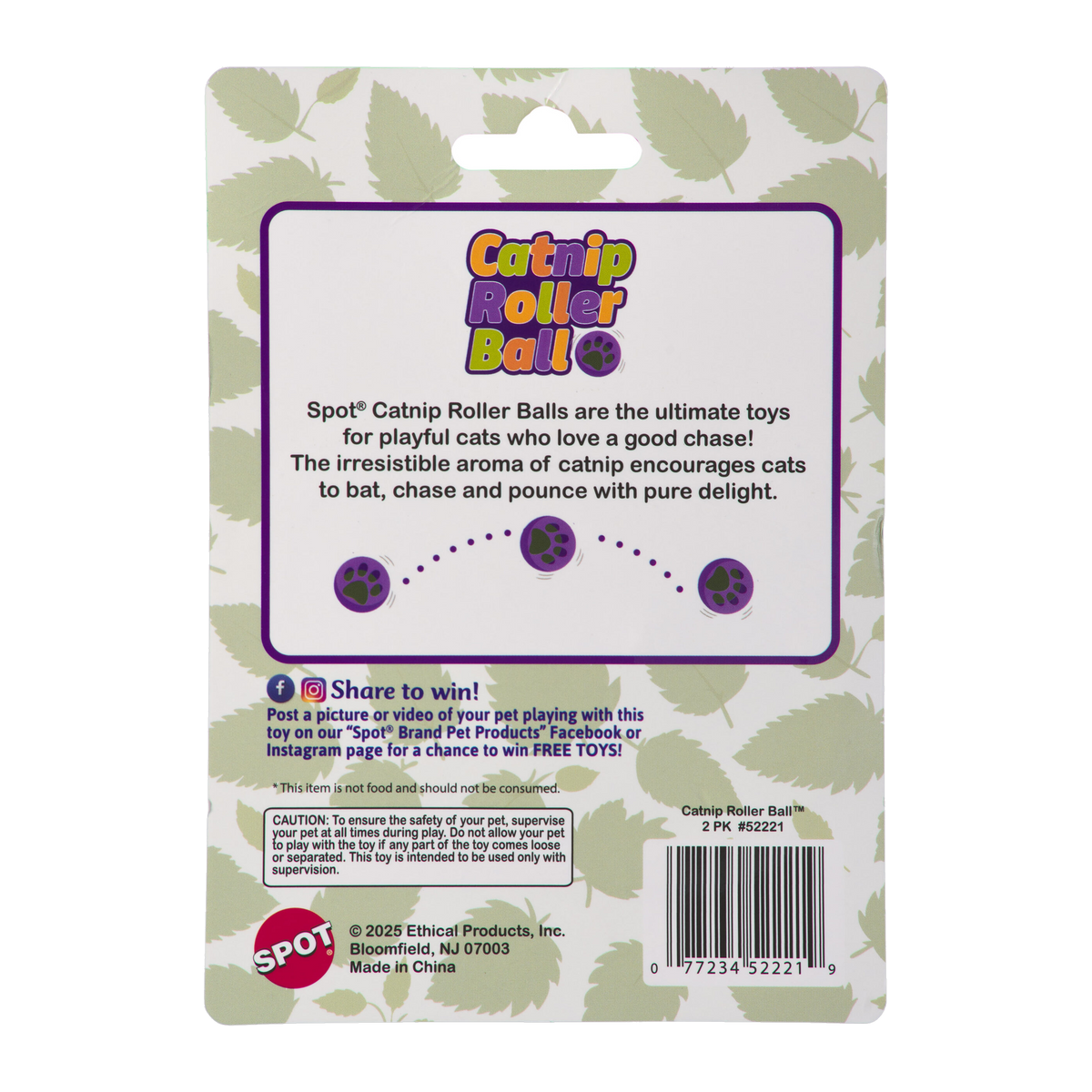 Spot Catnip Roller Ball 2 pack package back with product description and caution information