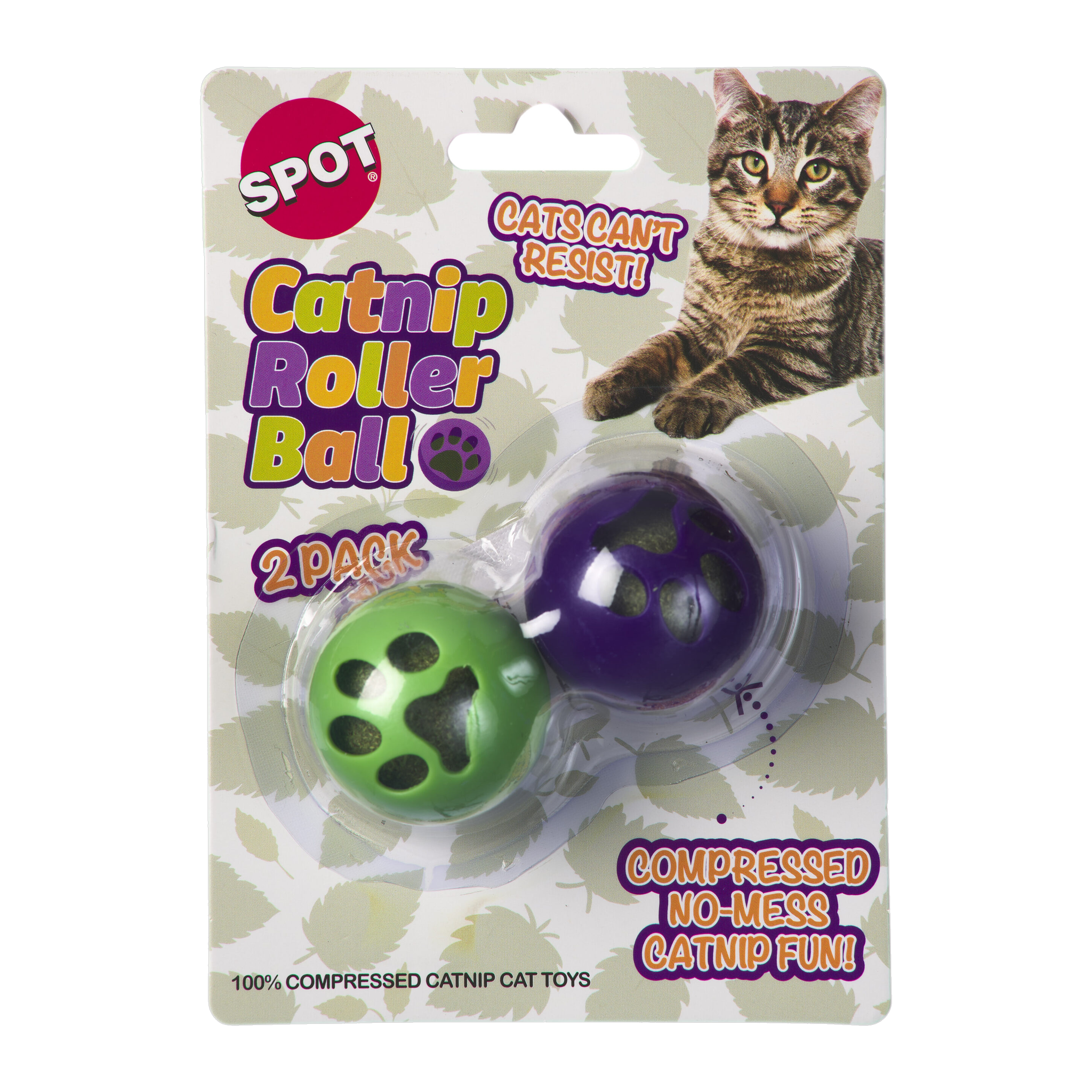 Spot Catnip Roller Ball 2 pack retail card front with green and purple paw print roller balls