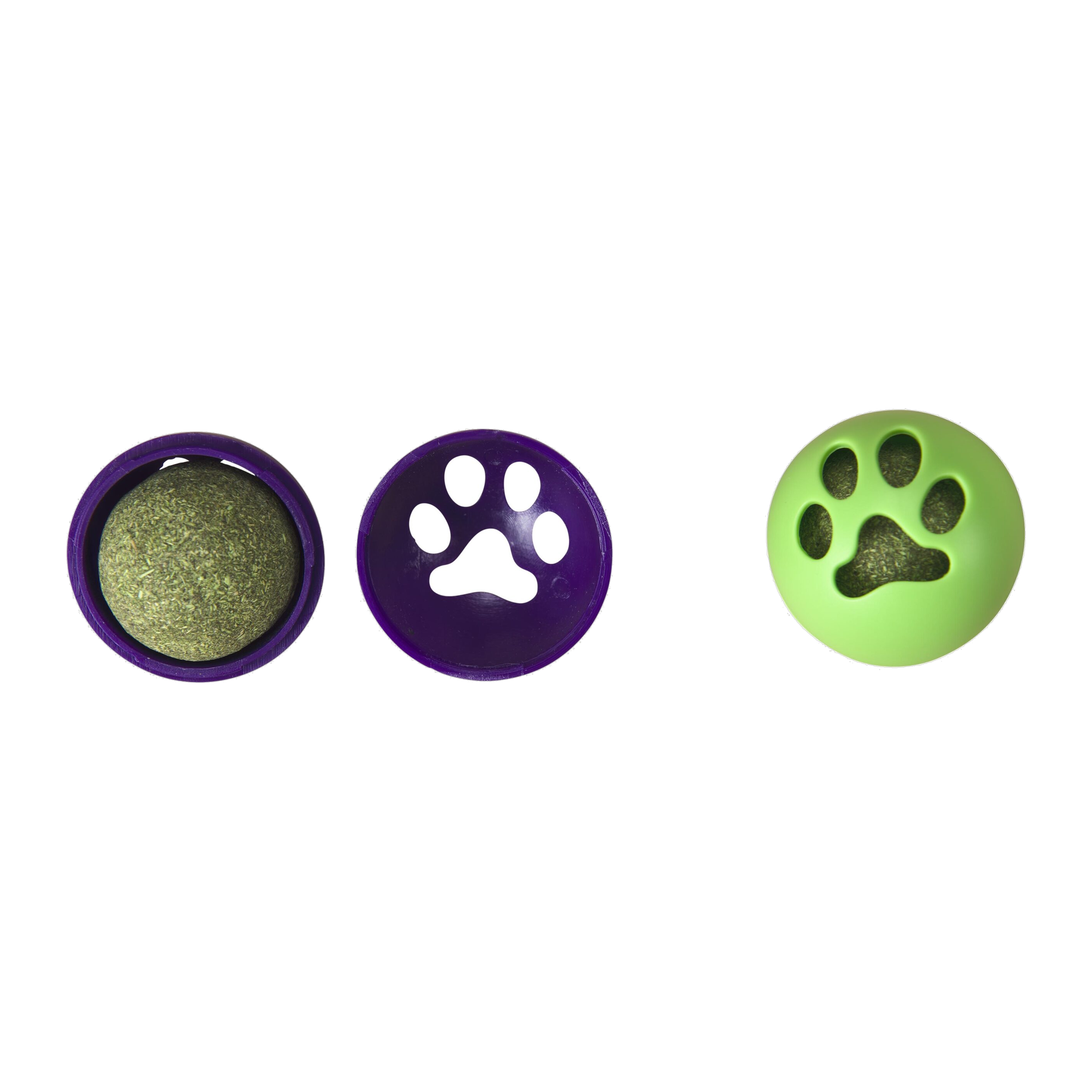 Spot Catnip Roller Ball open purple shell with compressed catnip ball and assembled green paw print roller ball