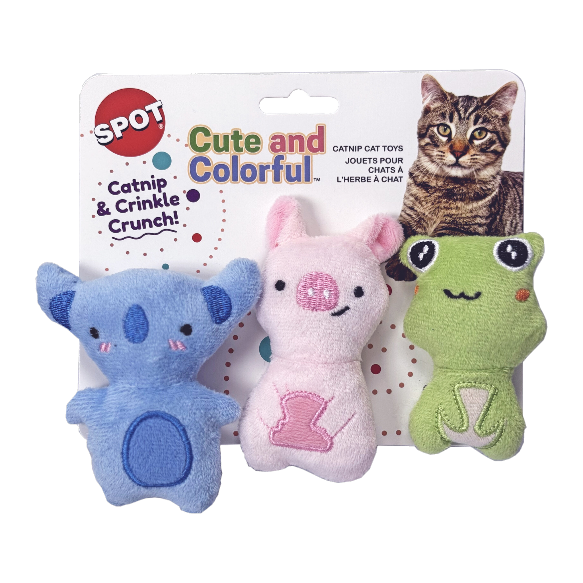 Spot Cute and Colorful catnip cat toys 3 pack retail card front with koala pig and frog plush toys