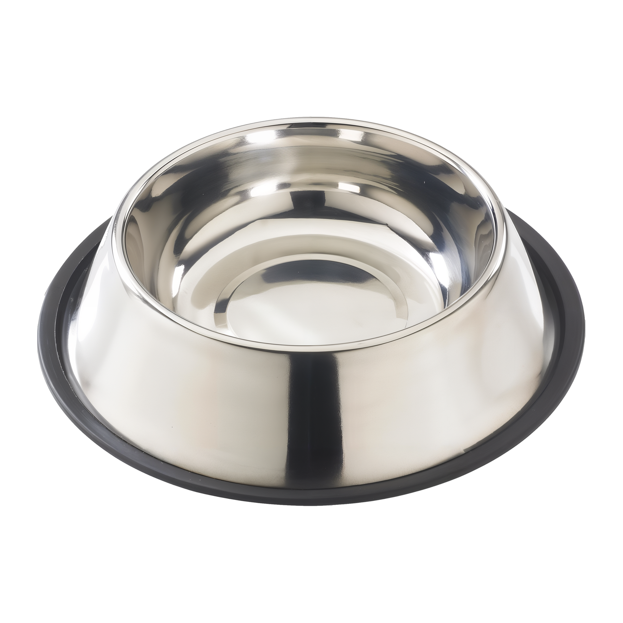 Spot No-Tip Mirror Stainless Steel Dish 32 oz, mirror-finish bowl with flared no-tip rim and rubber ring