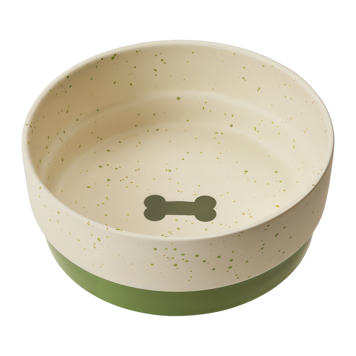 Spot Sedona Dog Dish 7 in, speckled stoneware with Spruce Green band and bone accent