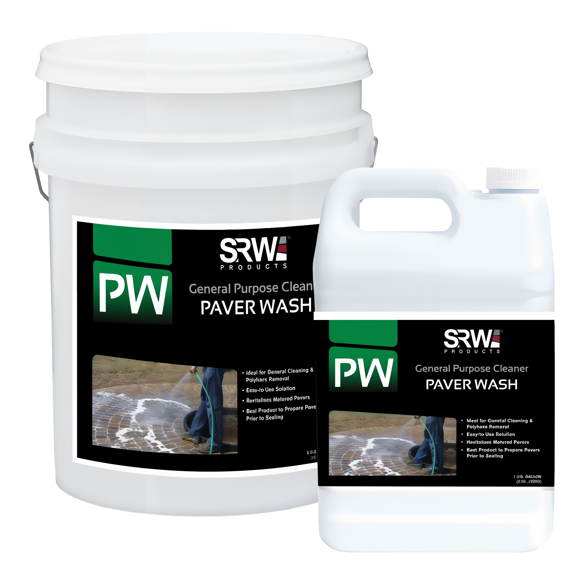 SRW Products PW Paver Wash — biodegradable general-purpose paver and concrete cleaner, pre-seal prep cleaner (1-gallon jug shown; also available in 5-gallon pail)