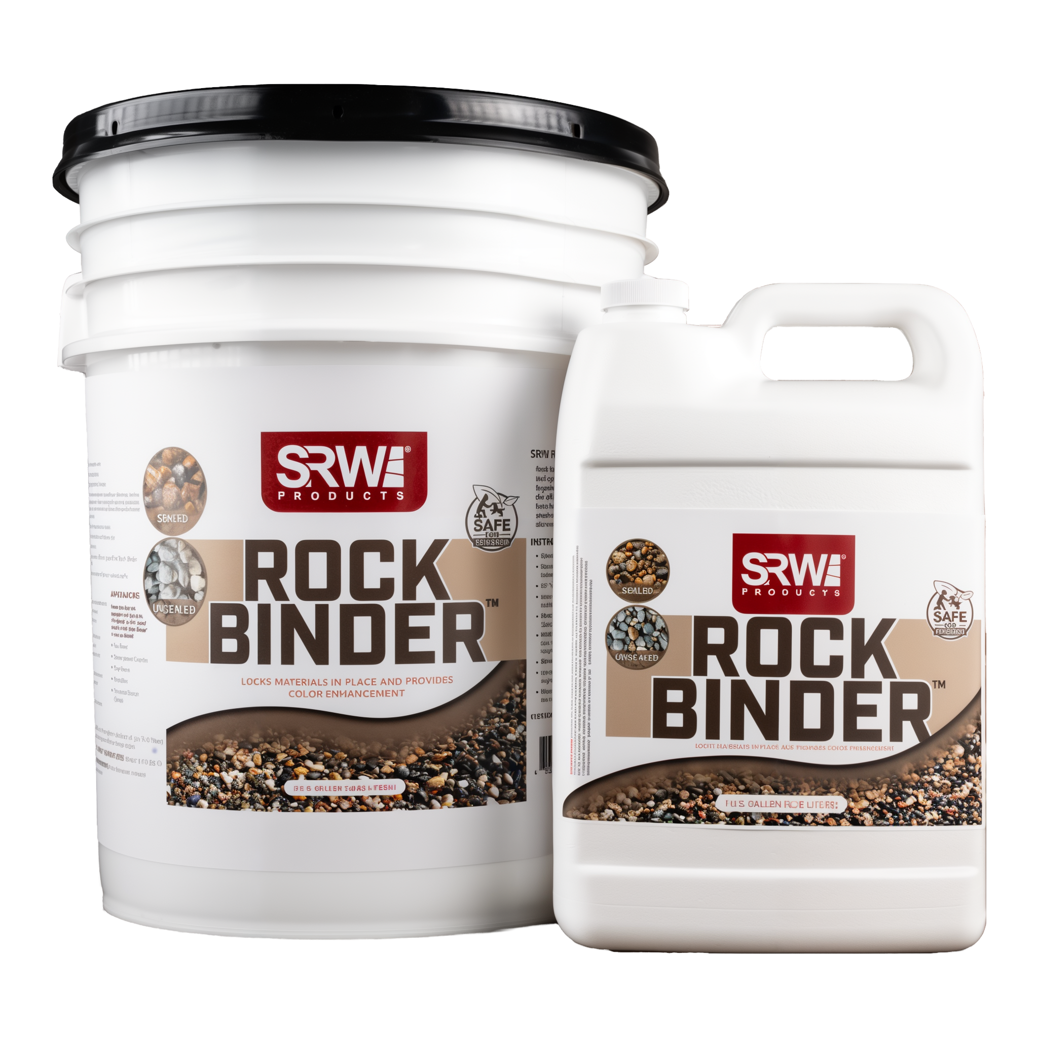 SRW Rock Binder — clear water-based polymer binder for stabilizing decorative rock, gravel, and pebbles, 1-gallon bottle