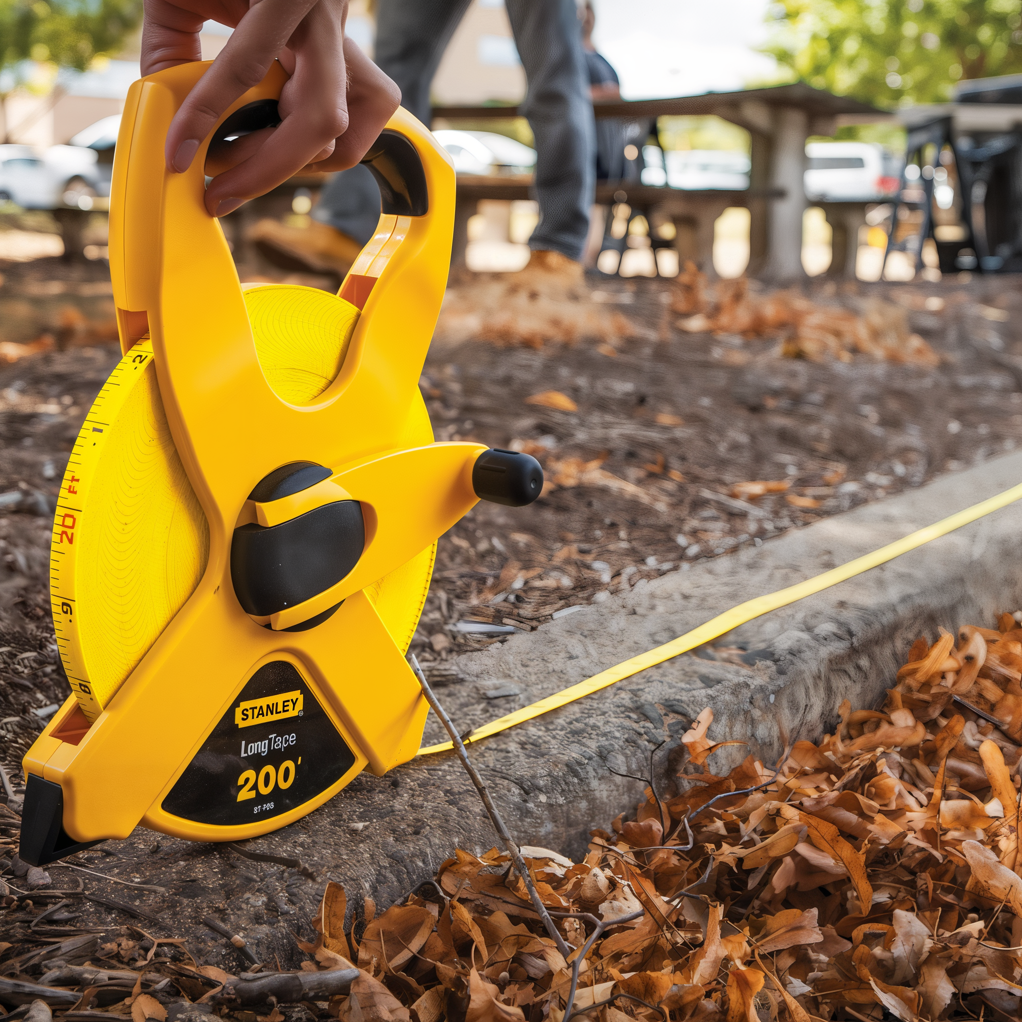 Stanley 34-793 1/2-inch by 200-foot Open Reel Fiberglass Long Tape — long tape in use measuring along an outdoor curb
