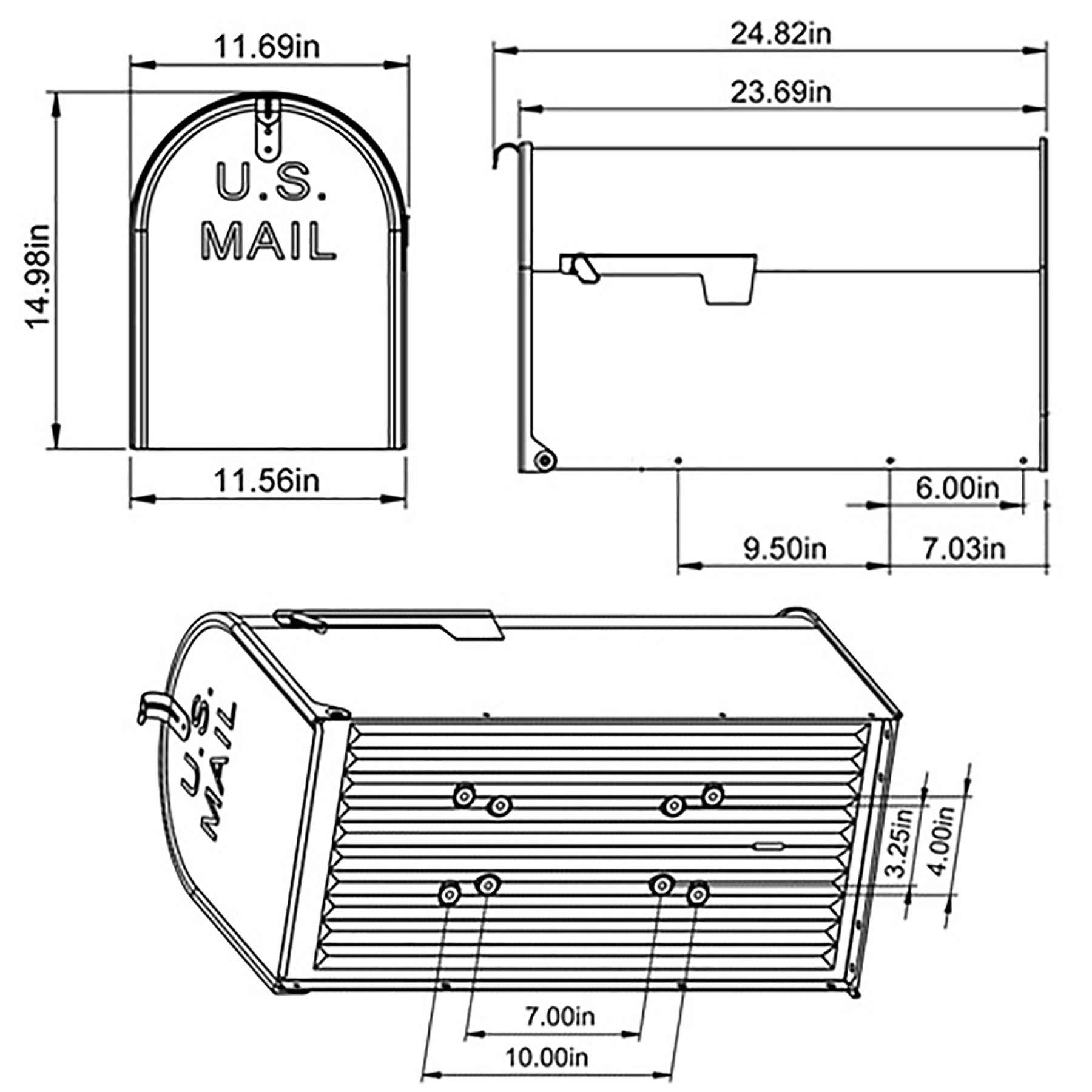 Stanley mailbox technical drawings with overall dimensions and slot details
