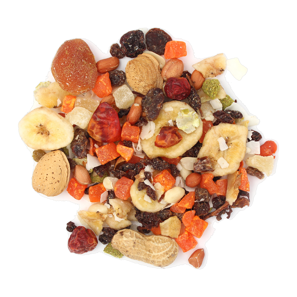 Sunseed Fabulous Fruit Mix closeup with dried papaya banana coconut almonds and raisins