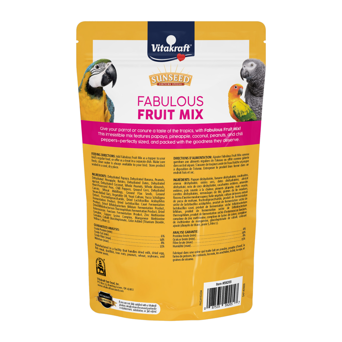 Sunseed Fabulous Fruit Mix package back with ingredients and feeding guide