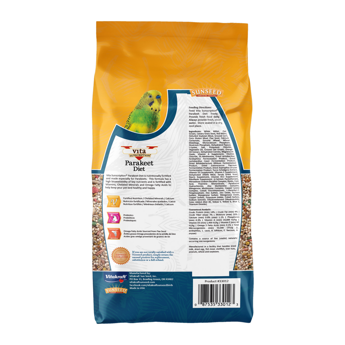 Sunseed Vita Sunscription parakeet food package back with ingredients and feeding directions