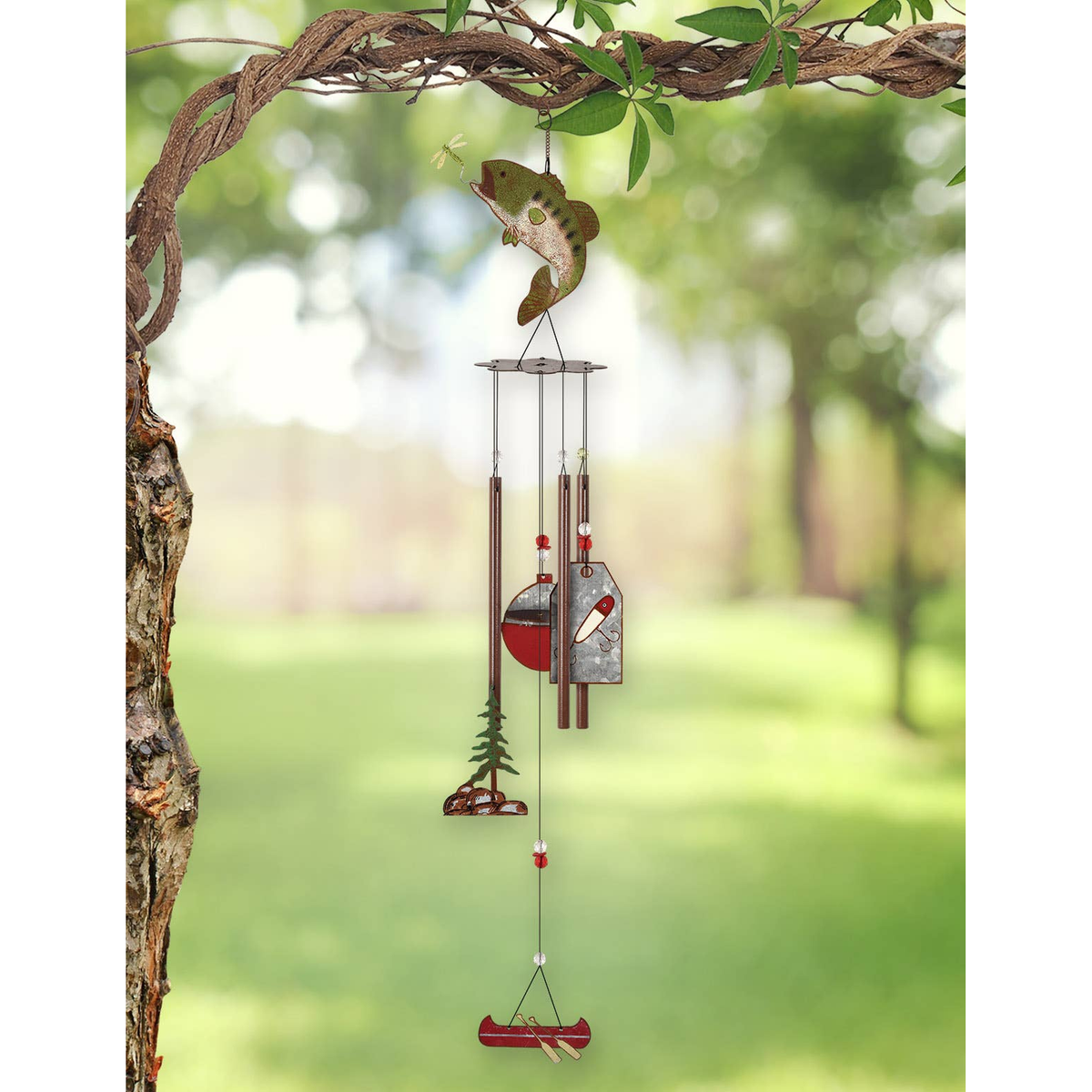 Sunset Vista Designs Catch of the Day Rustic Bass Wind Chime -- shown hanging from a branch