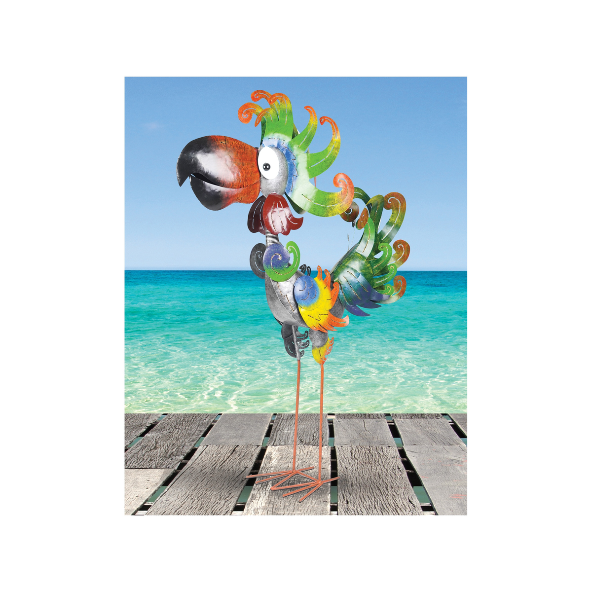 Sunset Vista Designs Corena Coral Bird Porch Sitter -- shown on a dock by the beach